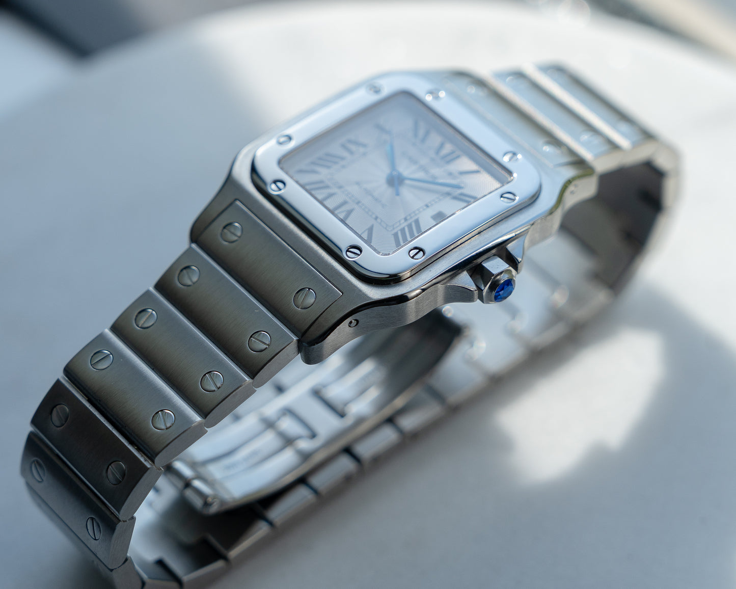 Cartier Santos Galbee guilloche dial, LM size, ref 2319 in steel, box and papers