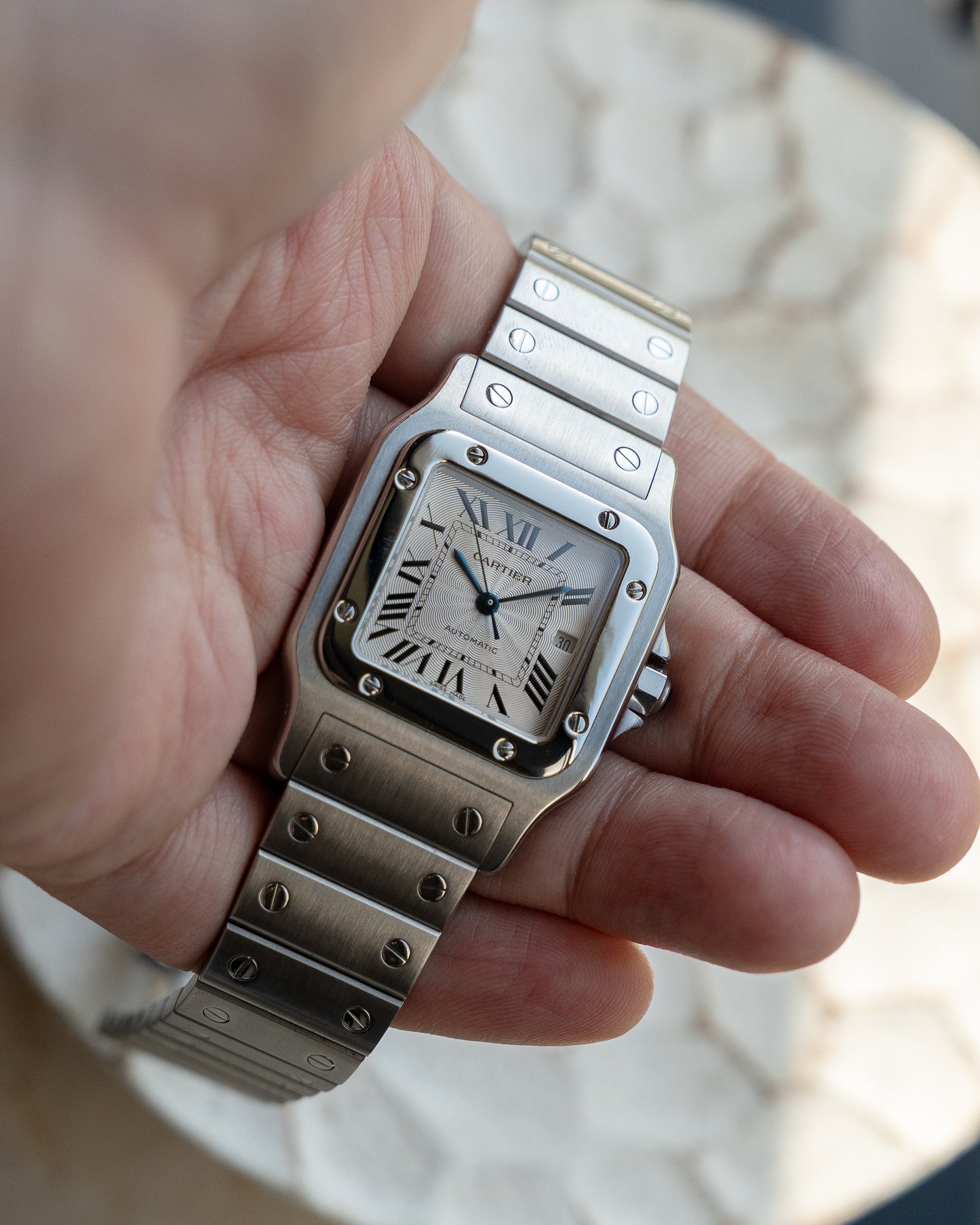 Cartier Santos Galbee guilloche dial, LM size, ref 2319 in steel, box and papers