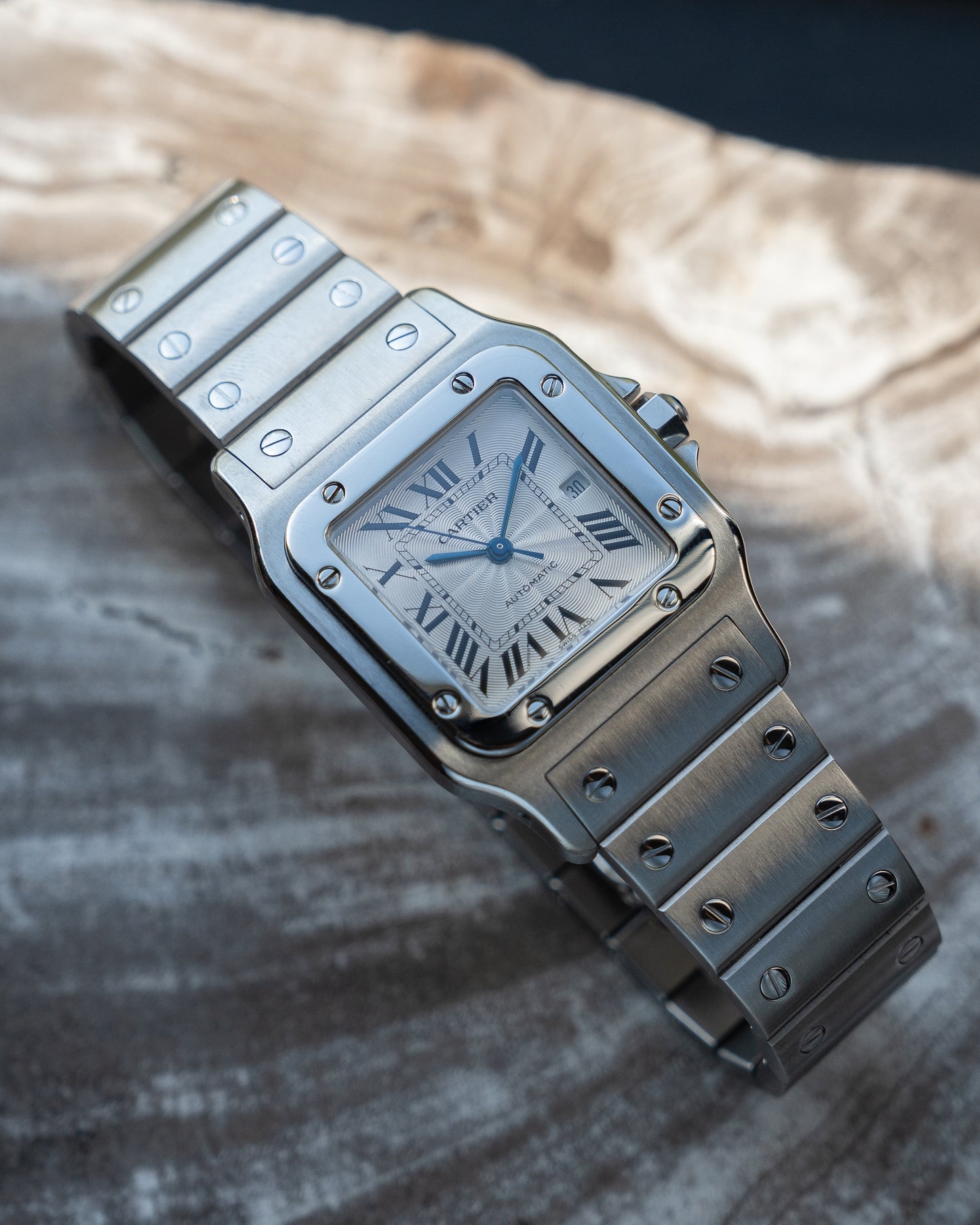 Cartier Santos Galbee guilloche dial, LM size, ref 2319 in steel, box and papers
