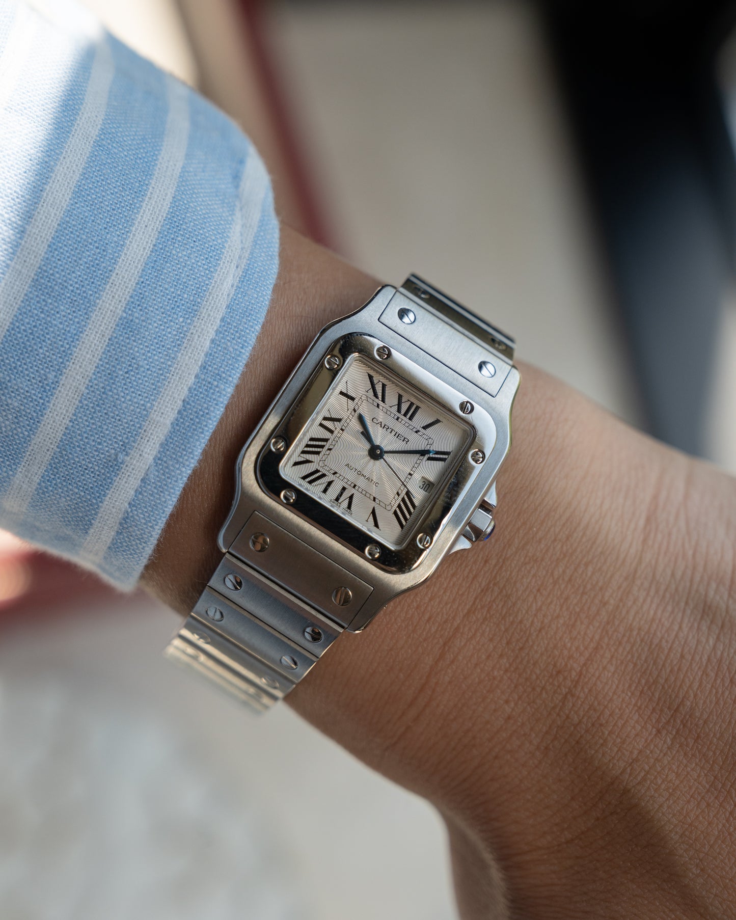 Cartier Santos Galbee guilloche dial, LM size, ref 2319 in steel, box and papers