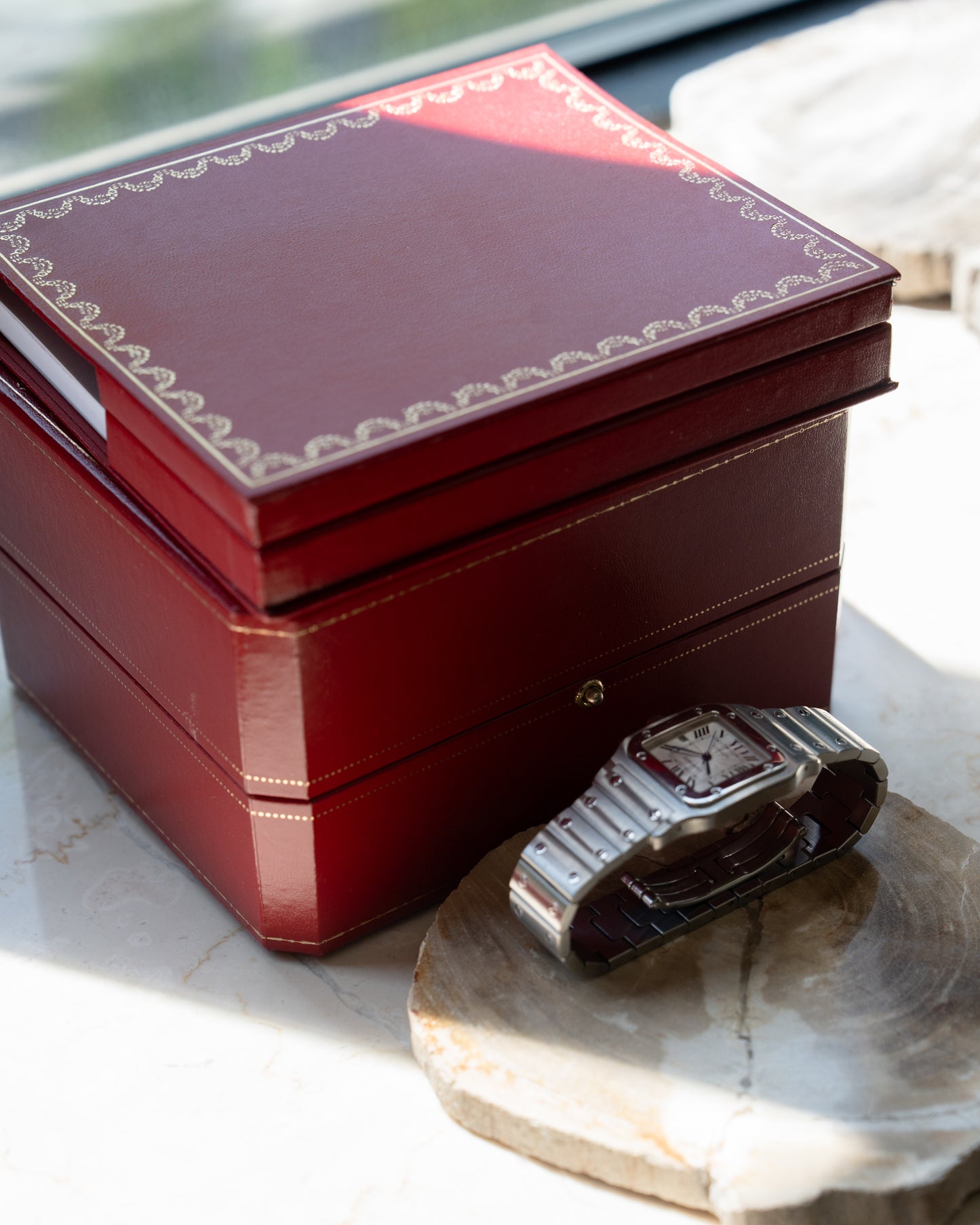 Cartier Santos Galbee guilloche dial, LM size, ref 2319 in steel, box and papers