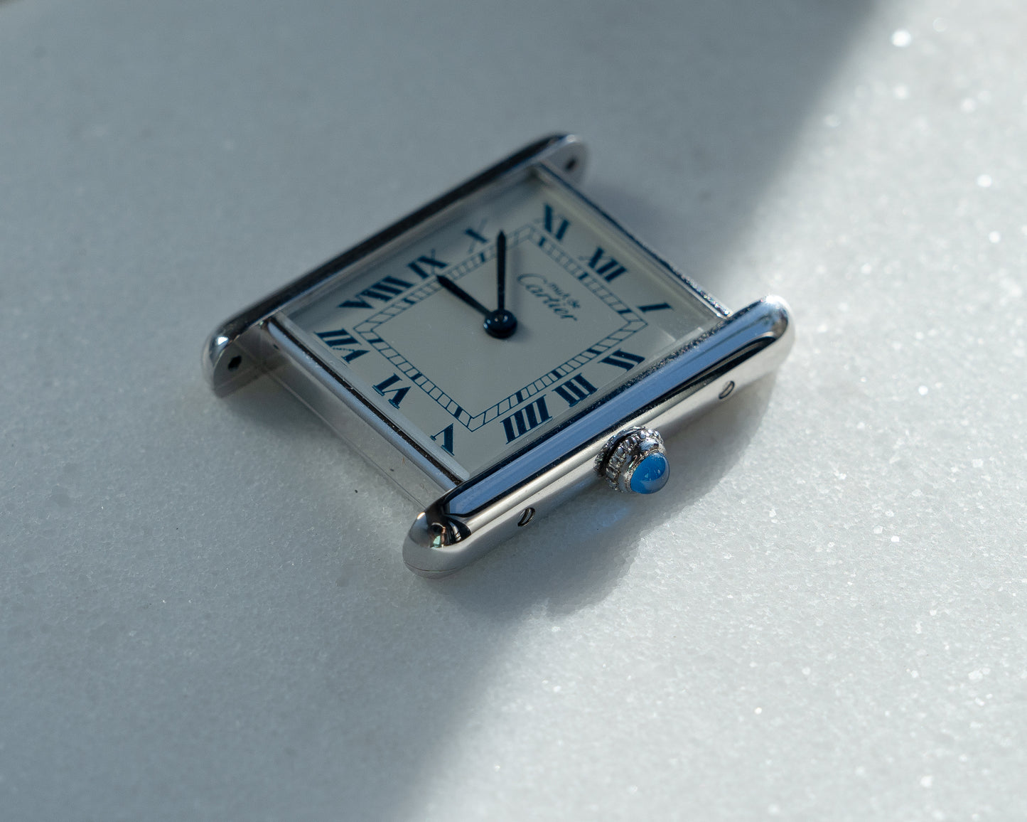 Must de Cartier Tank Blue Roman numberals white dial, LM size, box & papers