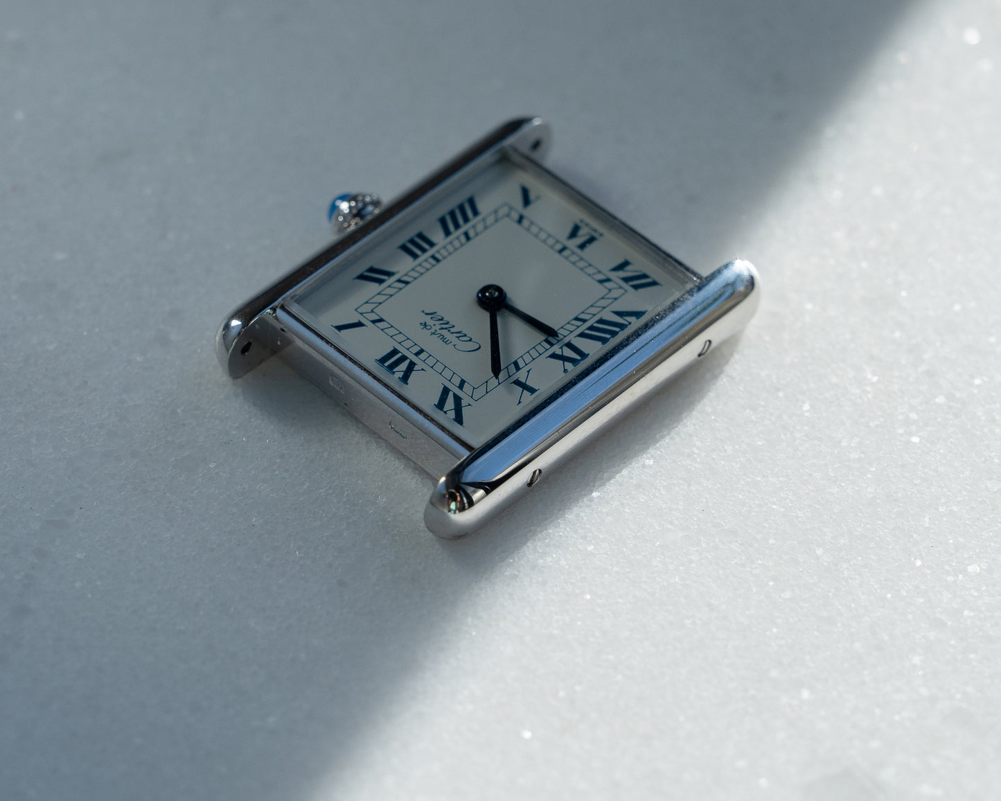 Must de Cartier Tank Blue Roman numberals white dial, LM size, box & papers