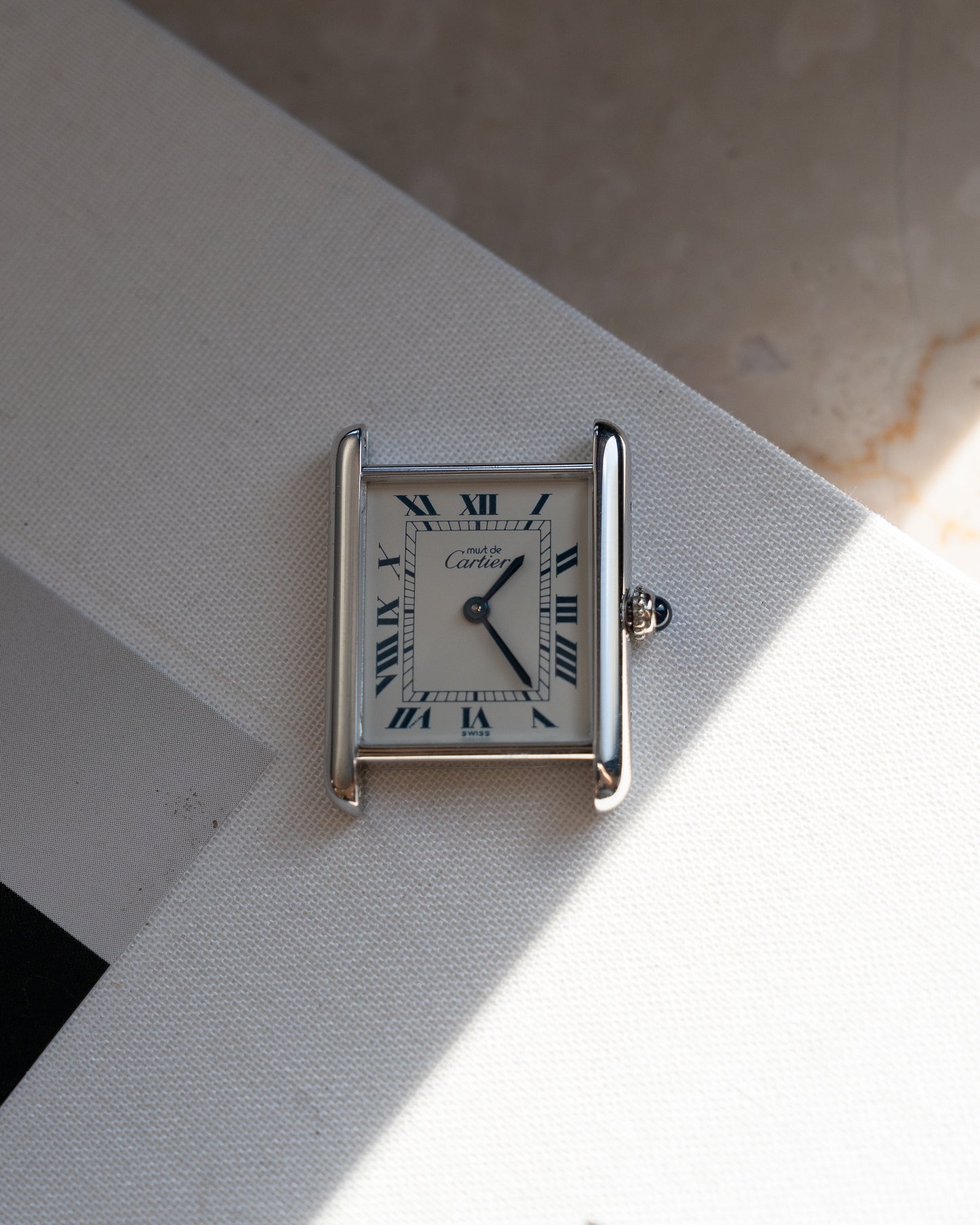 Must de Cartier Tank Blue Roman numberals white dial, LM size, box & papers