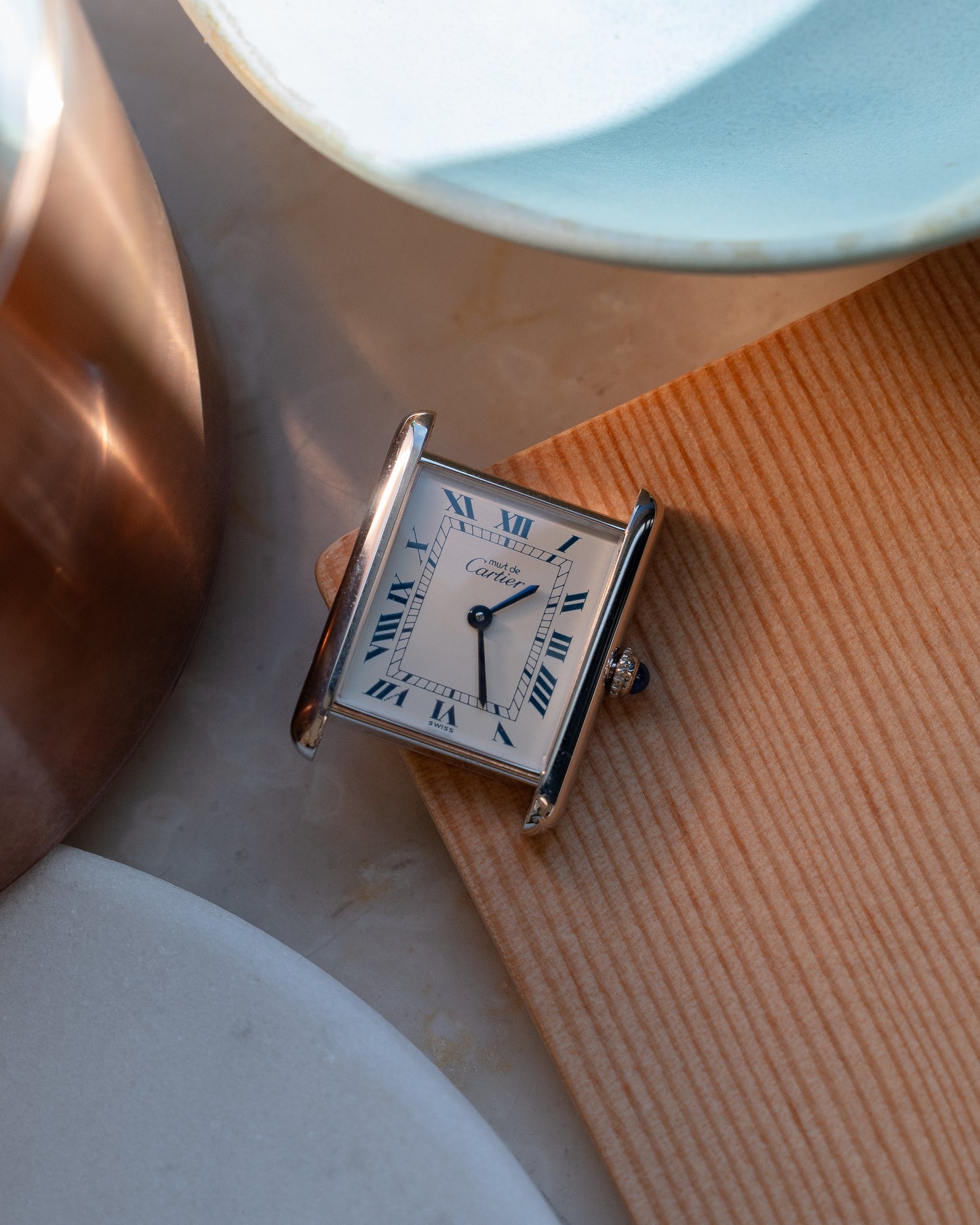 Must de Cartier Tank Blue Roman numberals white dial, LM size, box & papers