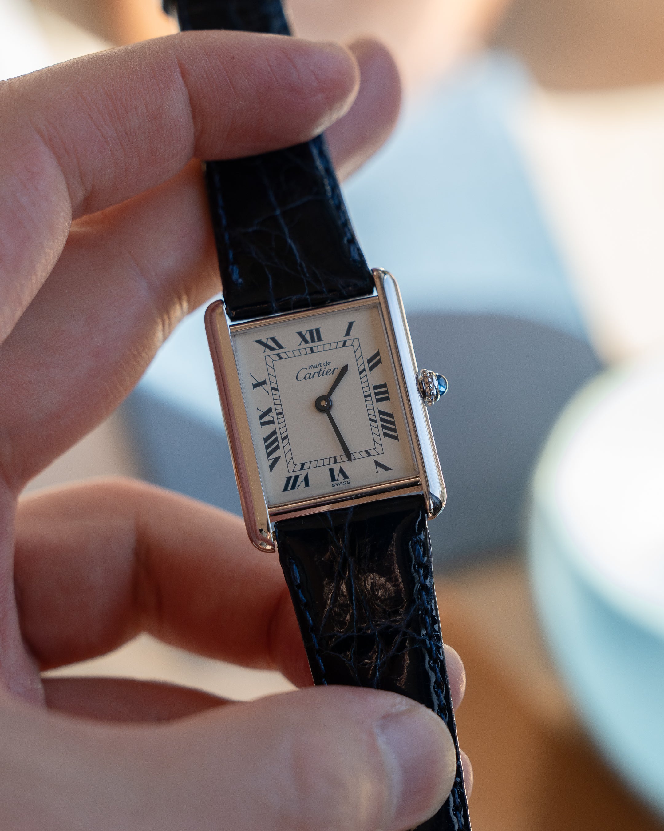Must de Cartier Tank Blue Roman numberals white dial, LM size, box & papers