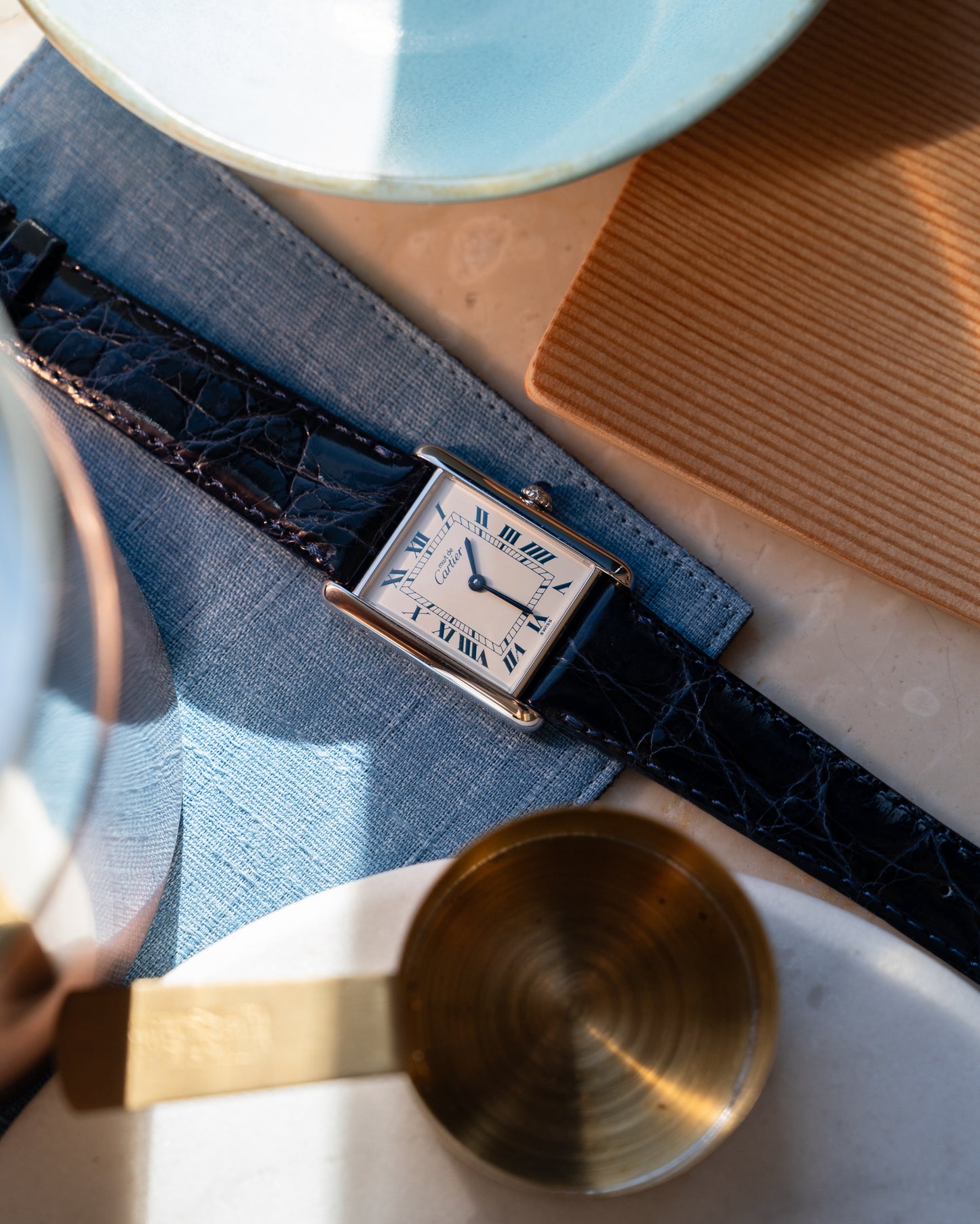 Must de Cartier Tank Blue Roman numberals white dial, LM size, box & papers