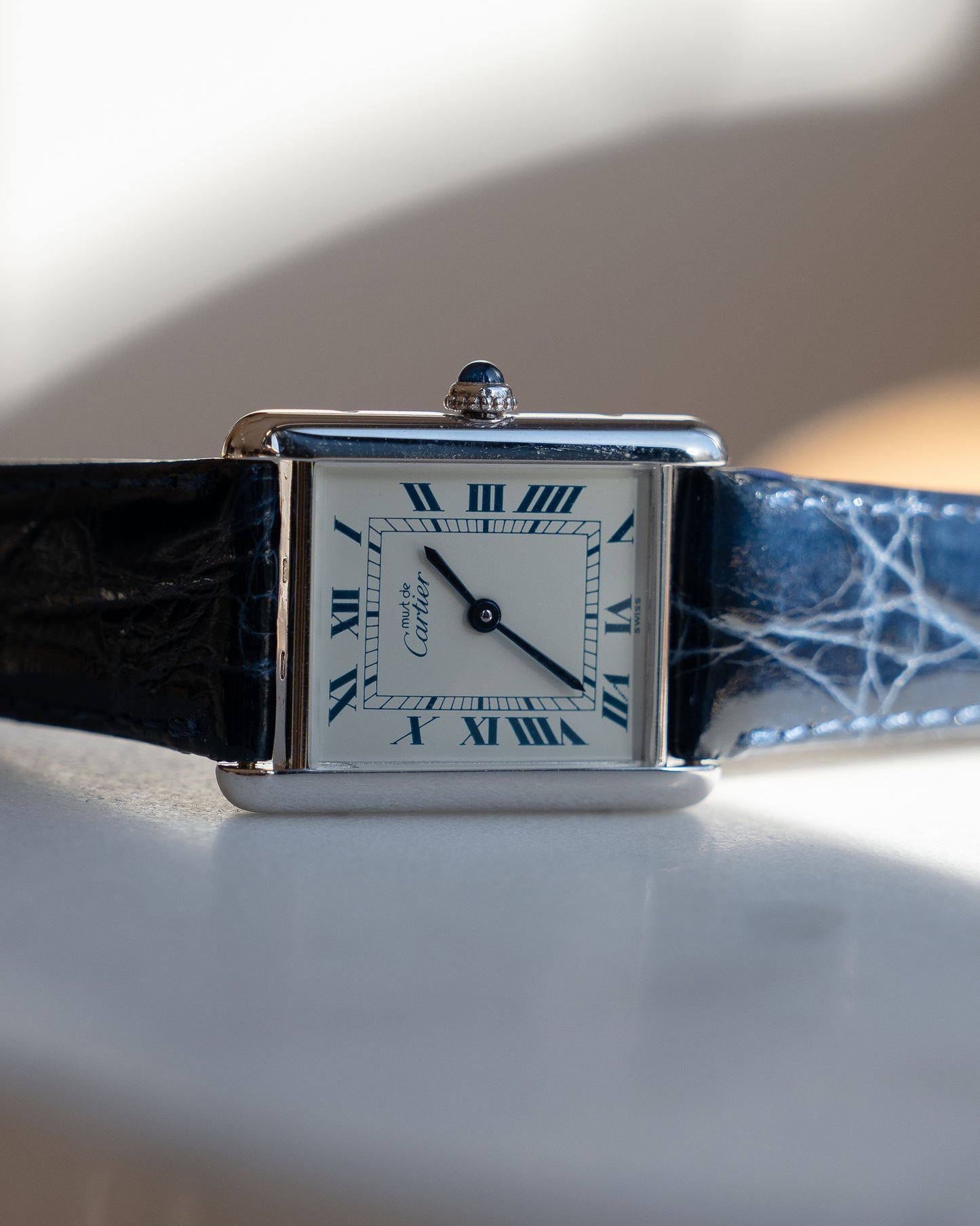 Must de Cartier Tank Blue Roman numberals white dial, LM size, box & papers
