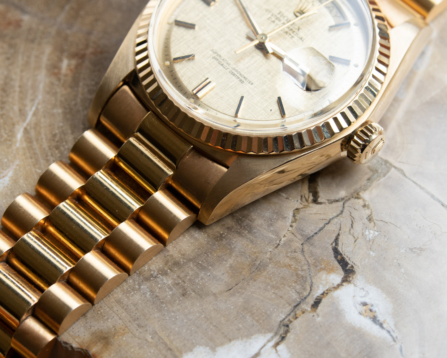 Rolex Day-Date in Yellow Gold ref 1803 Linen Dial 1974 on President bracelet