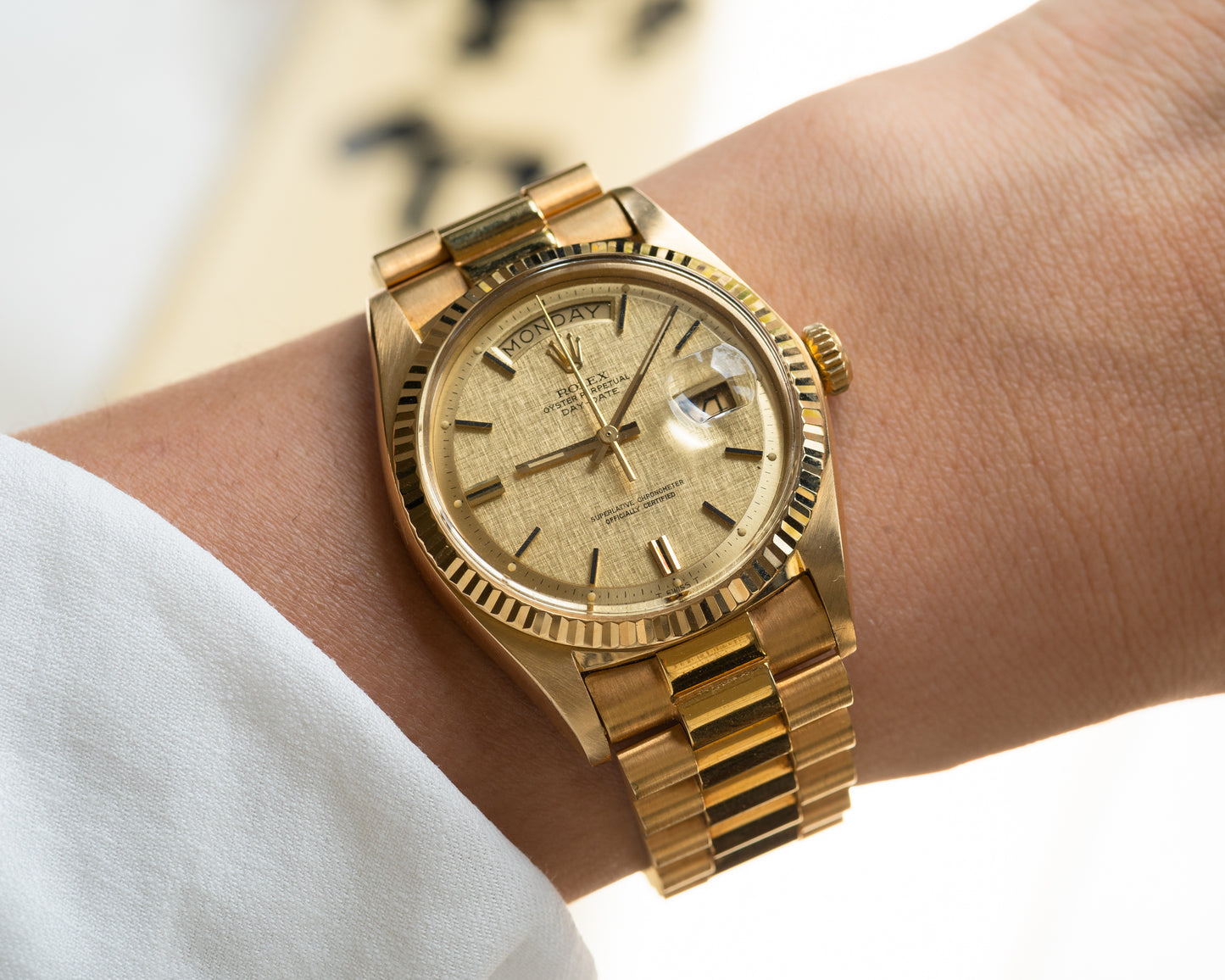 Rolex Day-Date in Yellow Gold ref 1803 Linen Dial 1974 on President bracelet