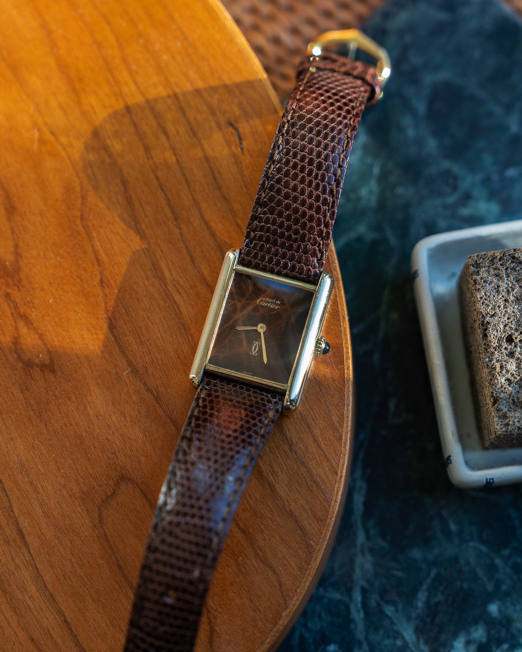 Cartier Must Tank Brown "Wood" pattern Lacquer Dial, LM size, mechanical movement