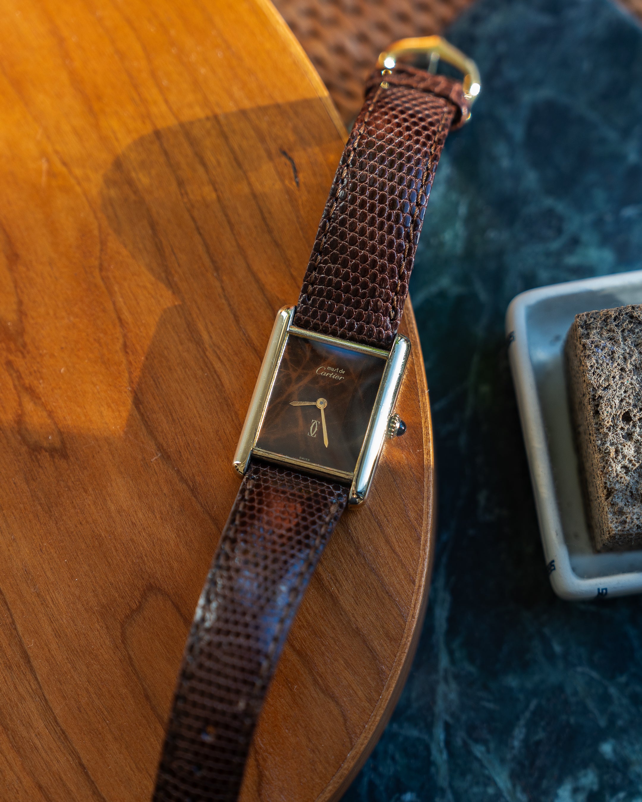 Cartier Must Tank Brown "Wood" pattern Lacquer Dial, LM size, mechanical movement