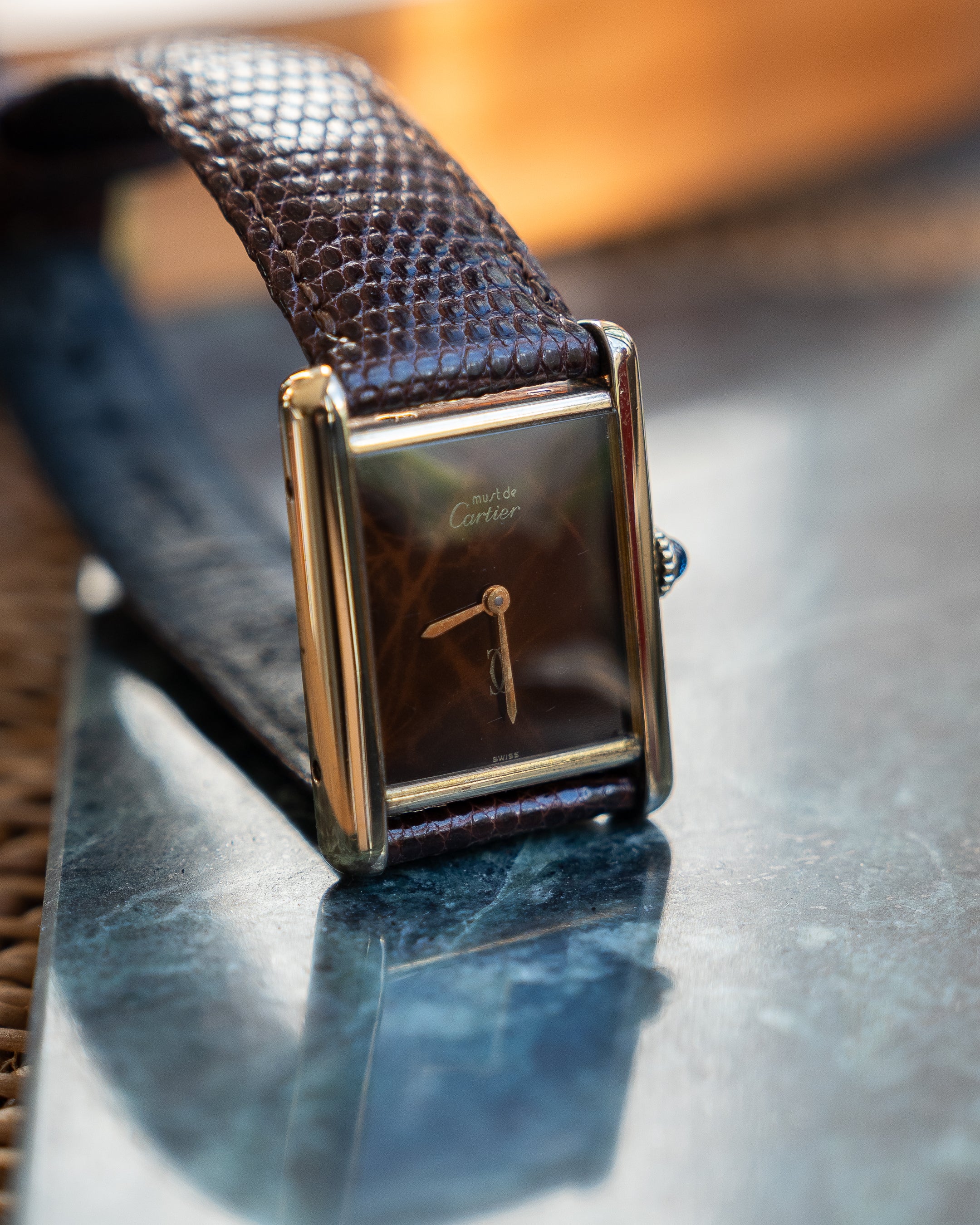Cartier Must Tank Brown "Wood" pattern Lacquer Dial, LM size, mechanical movement