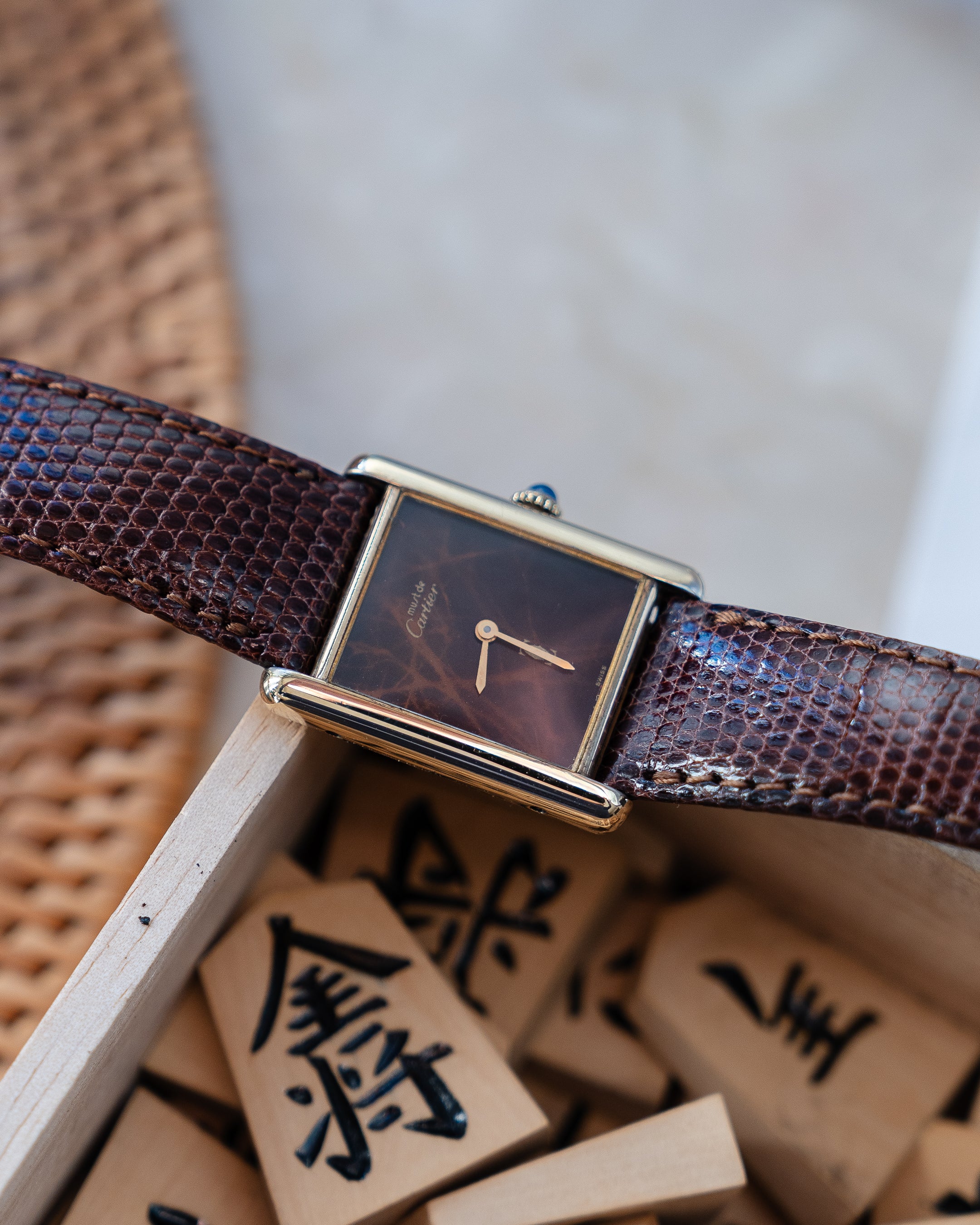 Cartier Must Tank Brown "Wood" pattern Lacquer Dial, LM size, mechanical movement