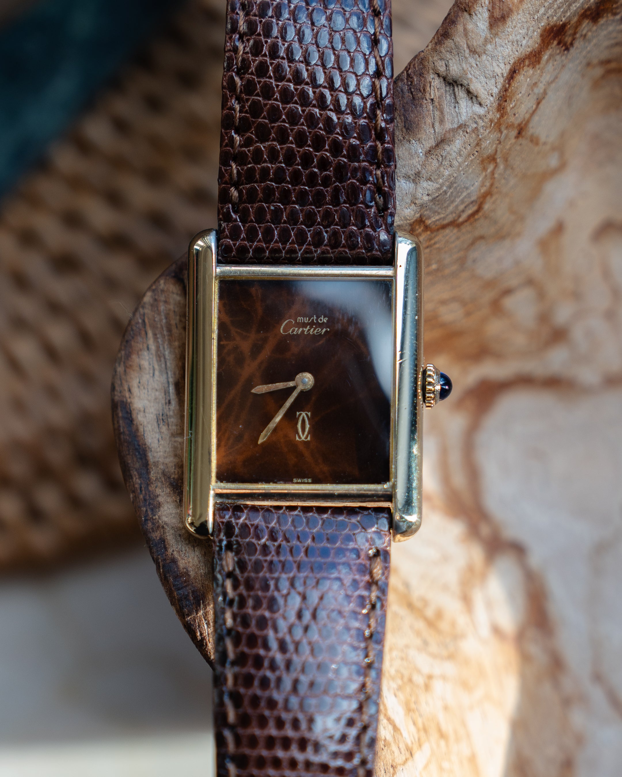 Cartier Must Tank Brown "Wood" pattern Lacquer Dial, LM size, mechanical movement