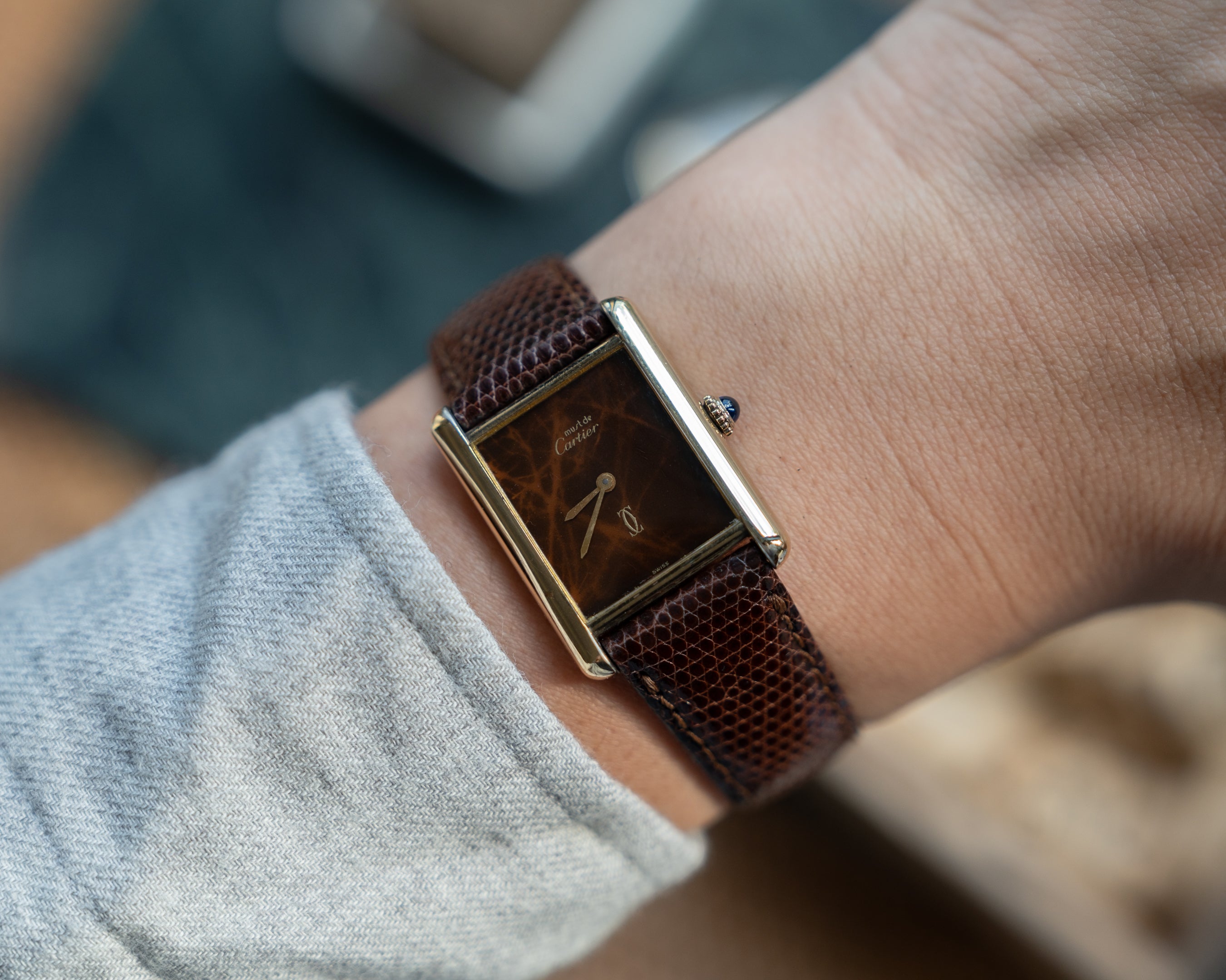 Cartier Must Tank Brown "Wood" pattern Lacquer Dial, LM size, mechanical movement