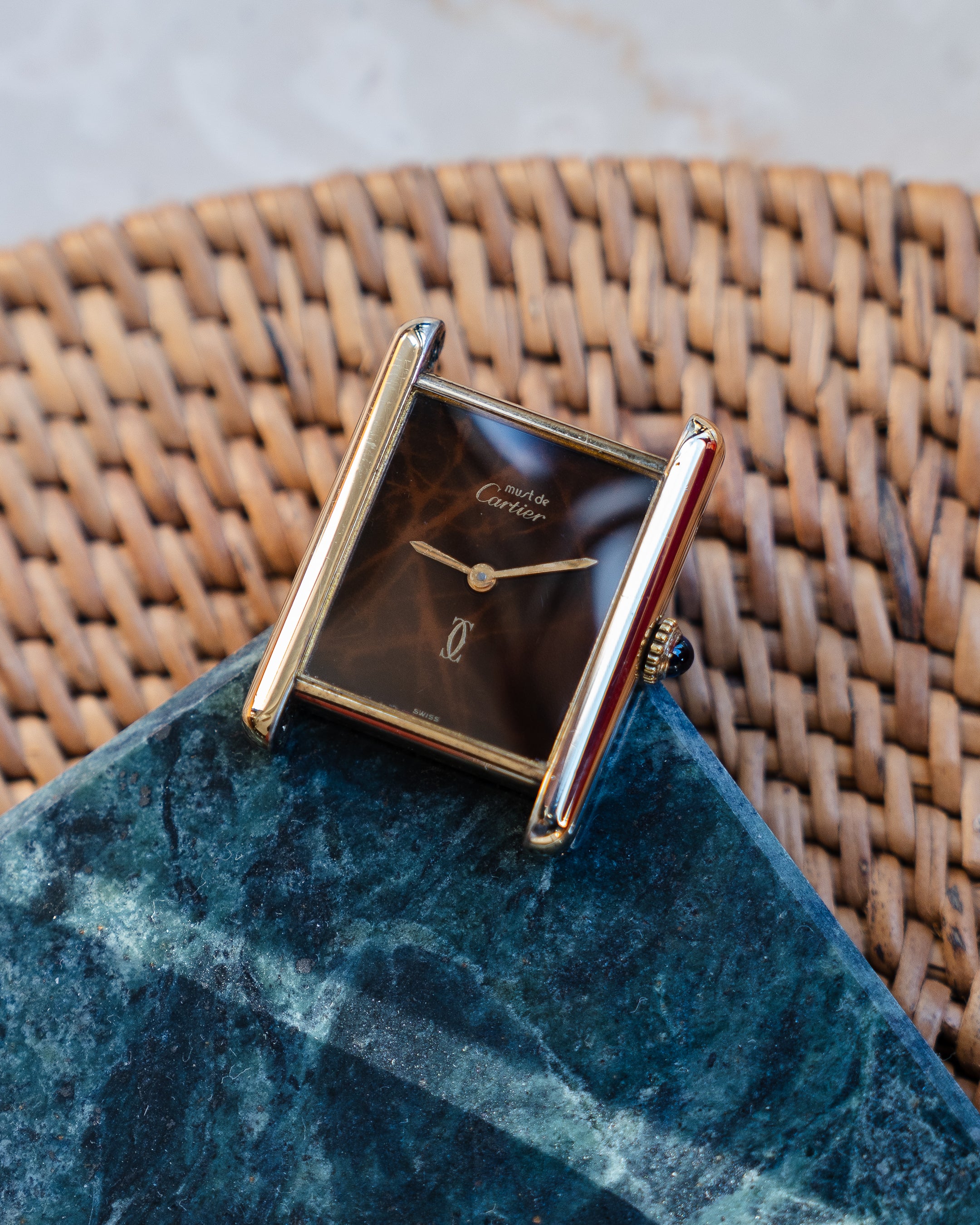 Cartier Must Tank Brown "Wood" pattern Lacquer Dial, LM size, mechanical movement