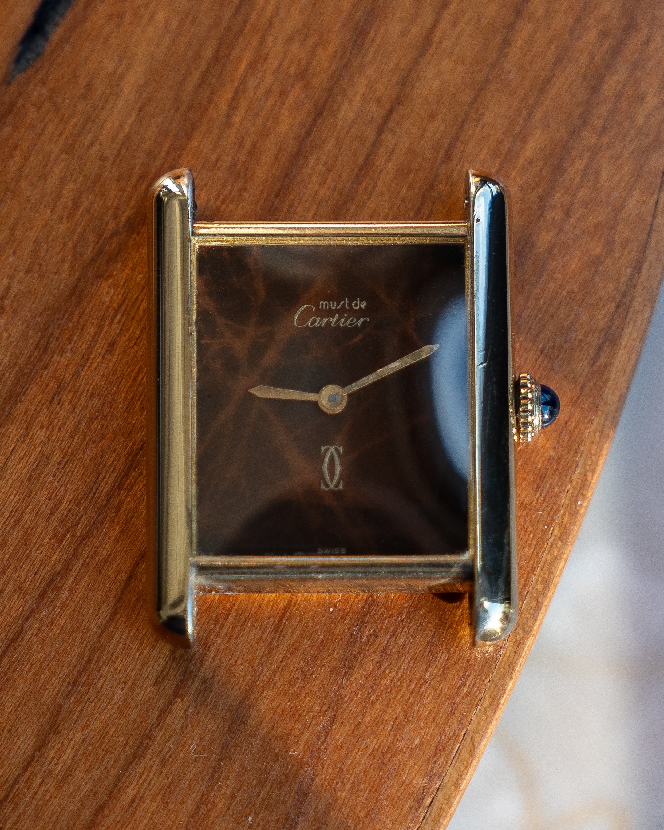 Cartier Must Tank Brown "Wood" pattern Lacquer Dial, LM size, mechanical movement