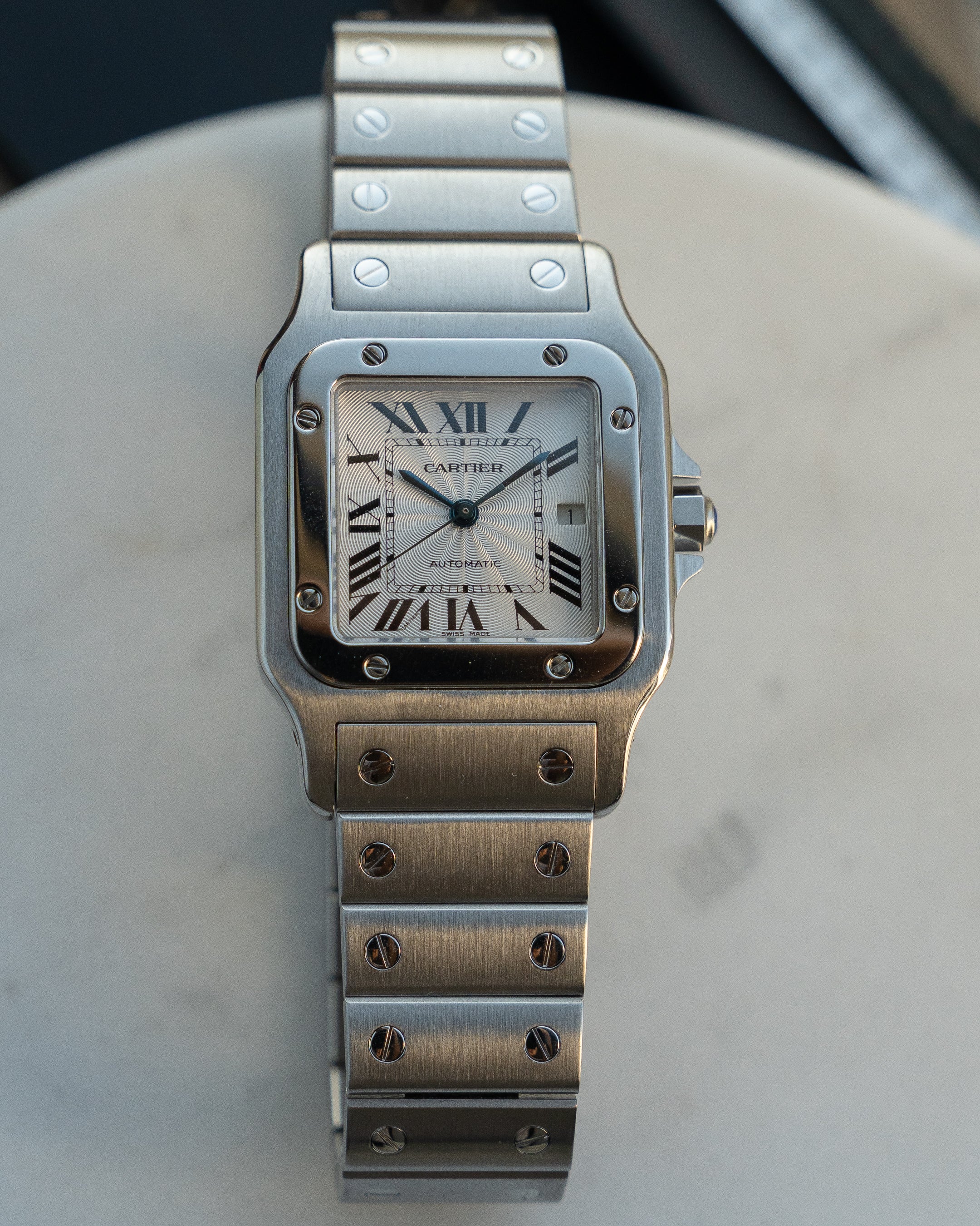 Cartier Santos Galbee guilloche dial, LM size, ref 2319 steel, box and papers