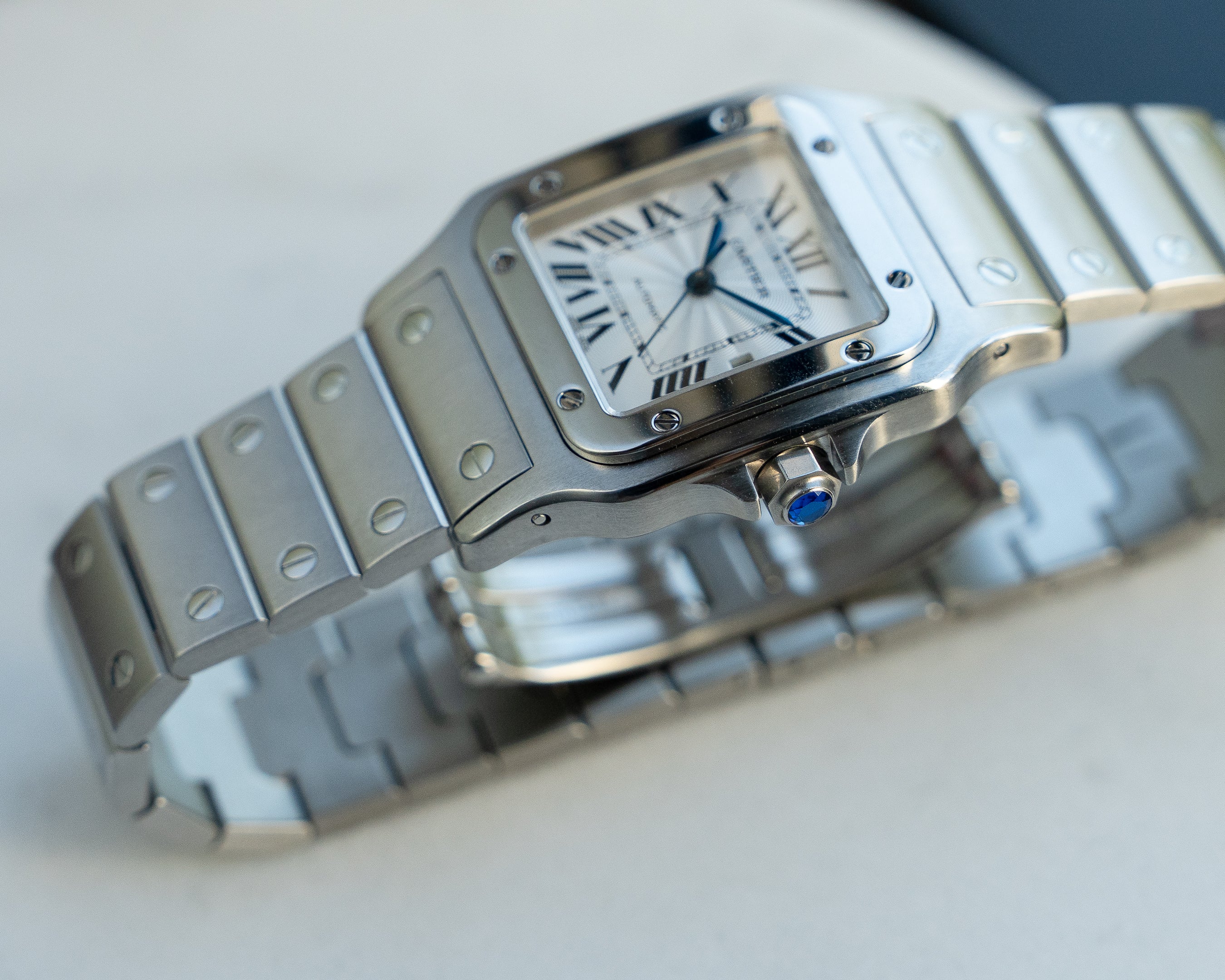 Cartier Santos Galbee guilloche dial, LM size, ref 2319 steel, box and papers