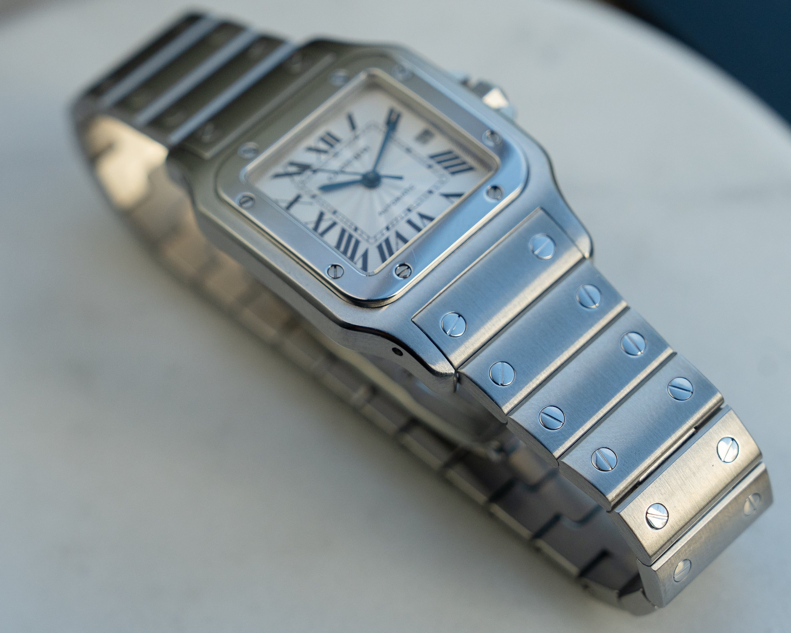 Cartier Santos Galbee guilloche dial, LM size, ref 2319 steel, box and papers