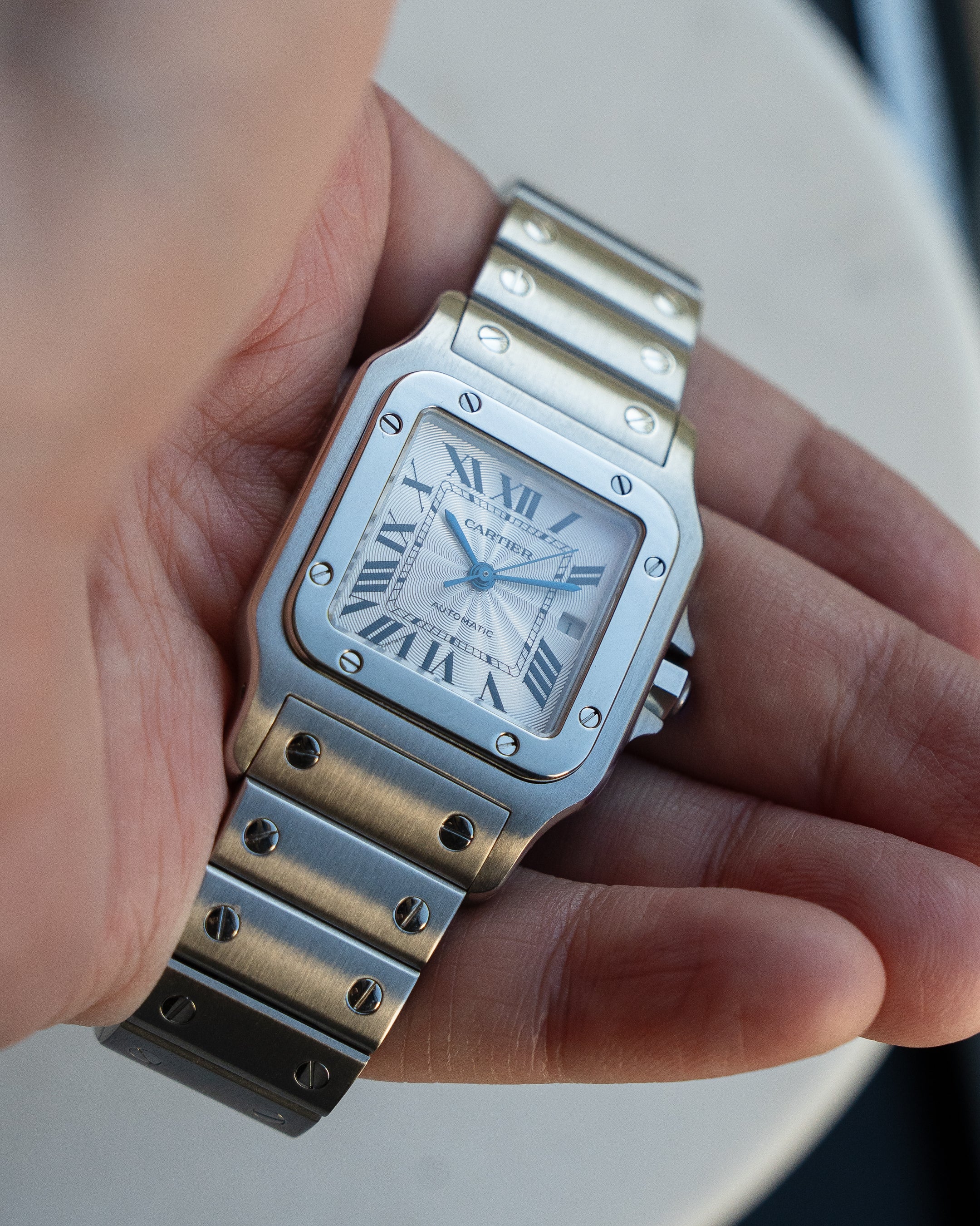 Cartier Santos Galbee guilloche dial, LM size, ref 2319 steel, box and papers