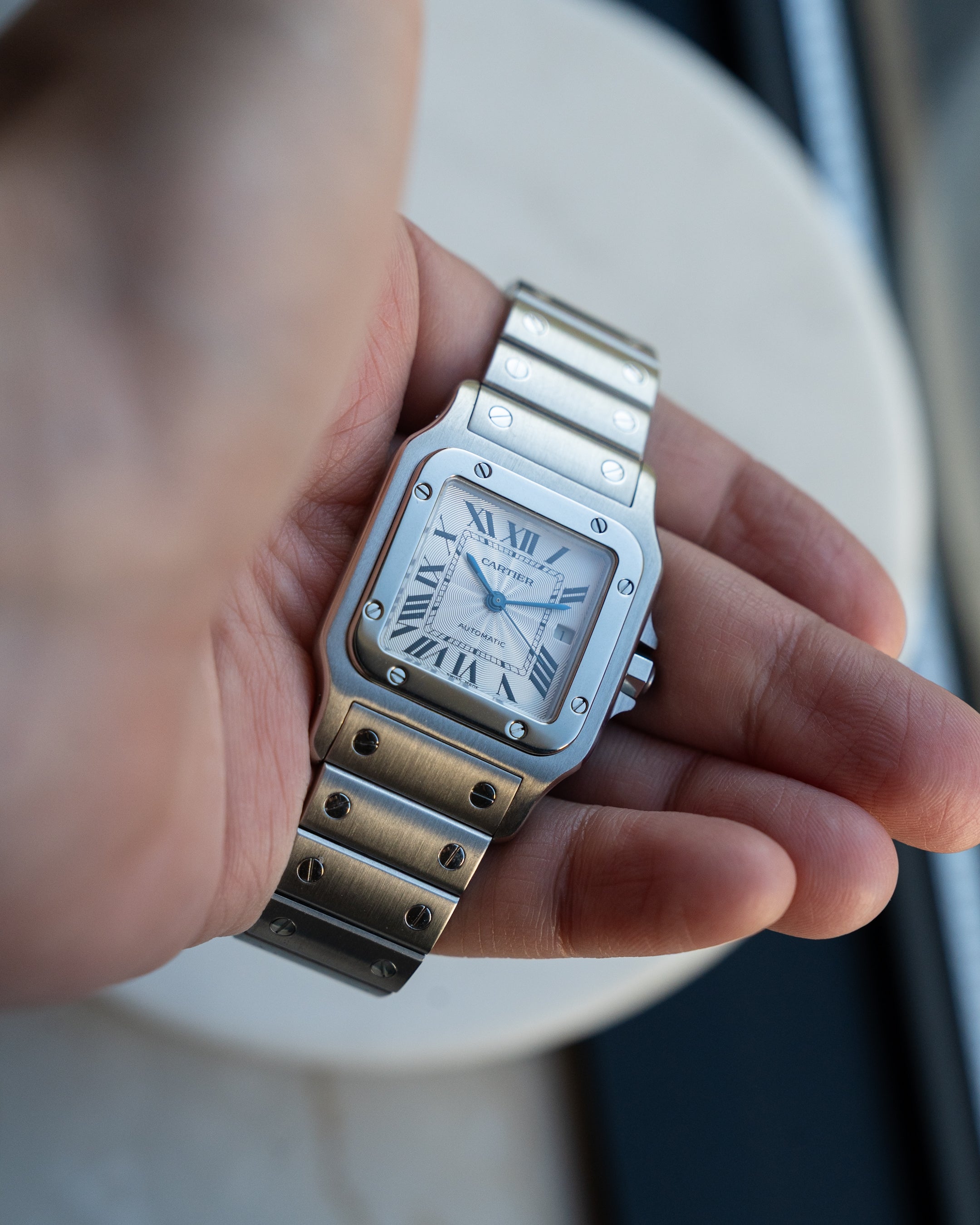 Cartier Santos Galbee guilloche dial, LM size, ref 2319 steel, box and papers