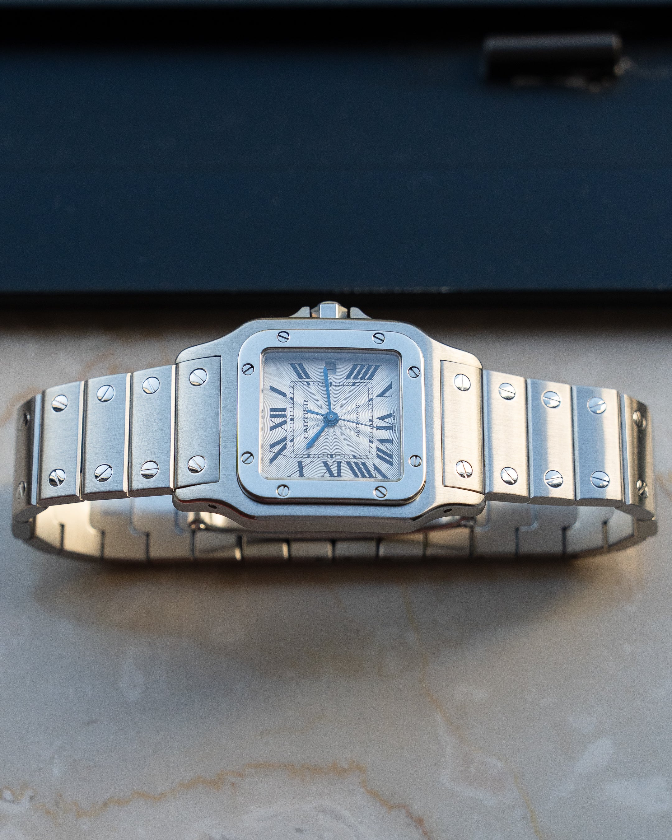 Cartier Santos Galbee guilloche dial, LM size, ref 2319 steel, box and papers