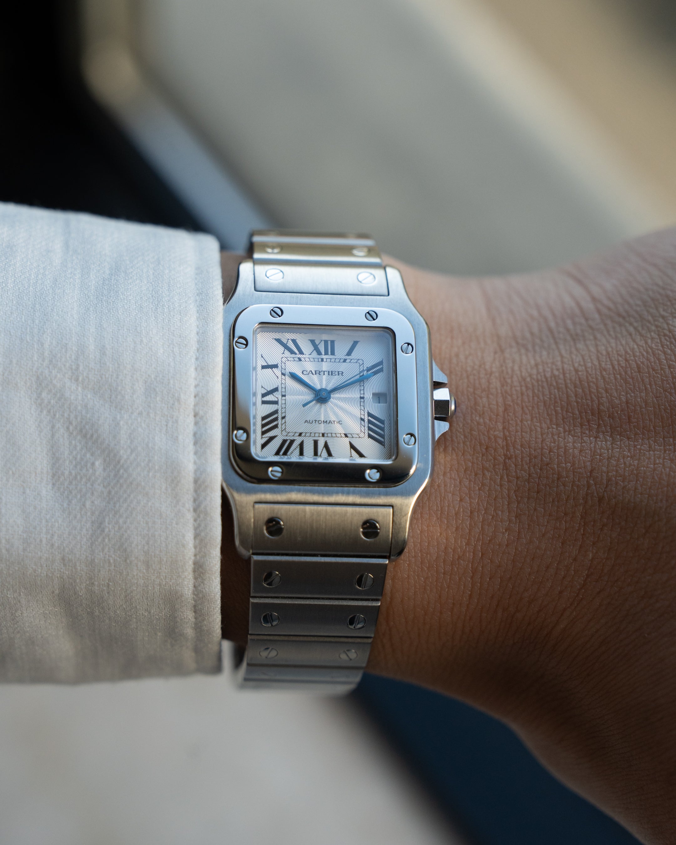 Cartier Santos Galbee guilloche dial, LM size, ref 2319 steel, box and papers