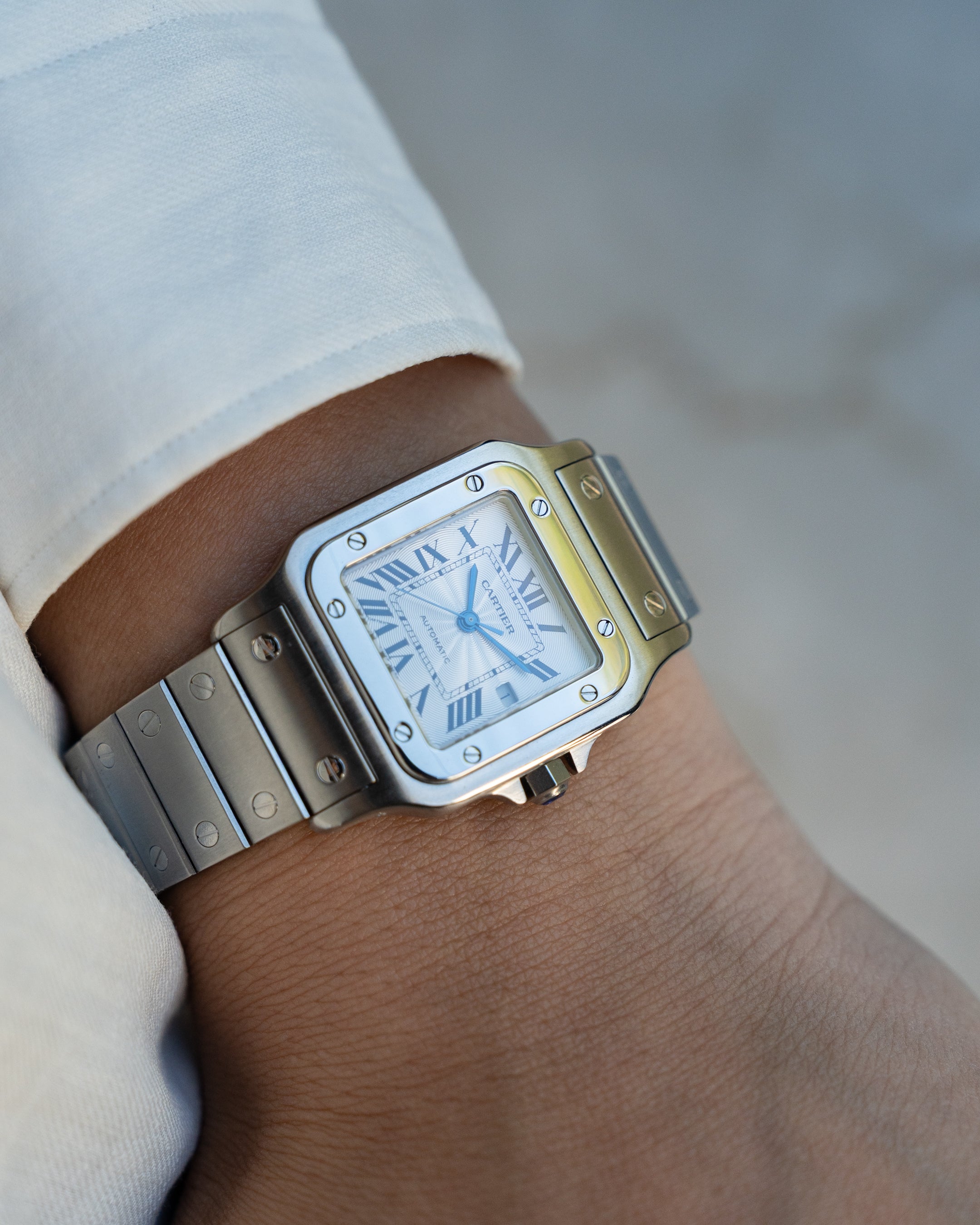 Cartier Santos Galbee guilloche dial, LM size, ref 2319 steel, box and papers