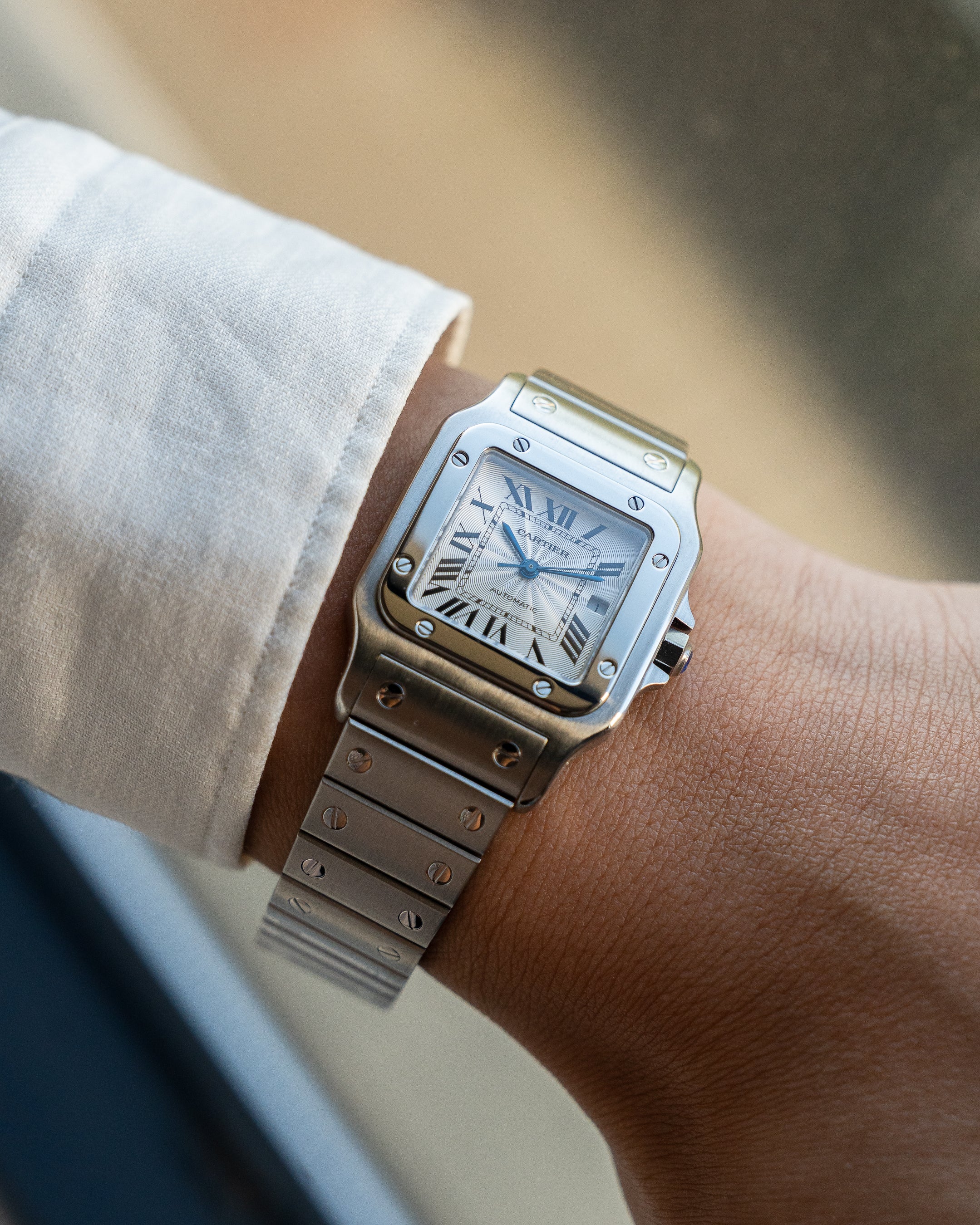 Cartier Santos Galbee guilloche dial, LM size, ref 2319 steel, box and papers