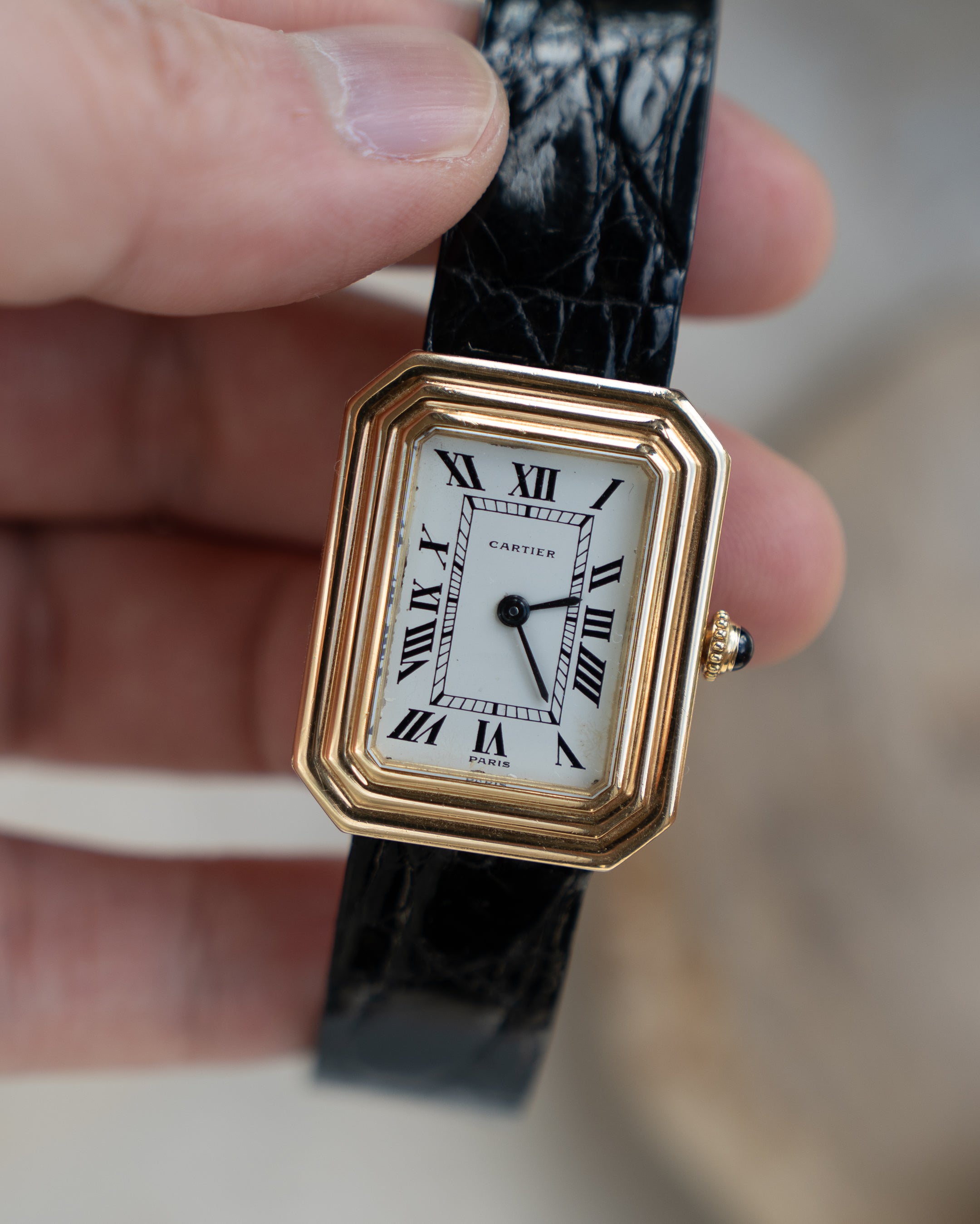 Cartier Cristallor 18k Yellow Gold, early Paris Dial and hidden lug case, SM size with 18k gold deployant buckle