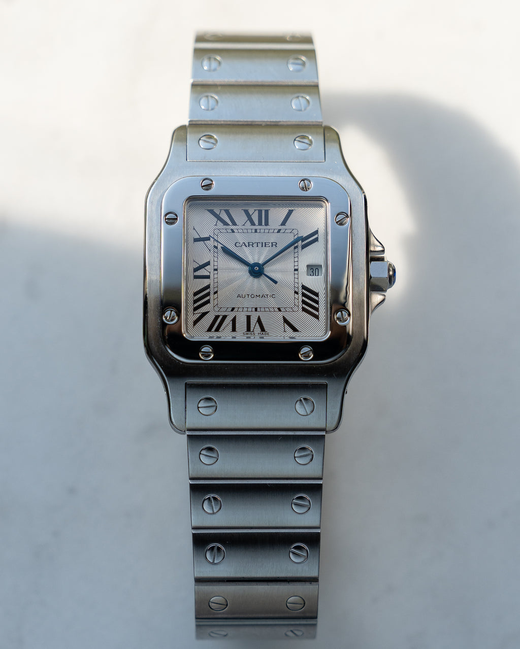 Cartier Santos Galbee guilloche dial, LM size, ref 2319 in steel, box and papers