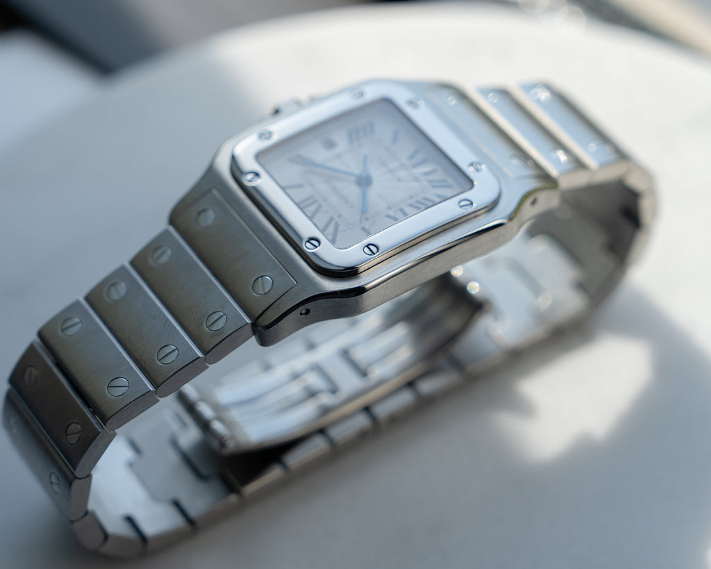Cartier Santos Galbee guilloche dial, LM size, ref 2319 in steel, box and papers