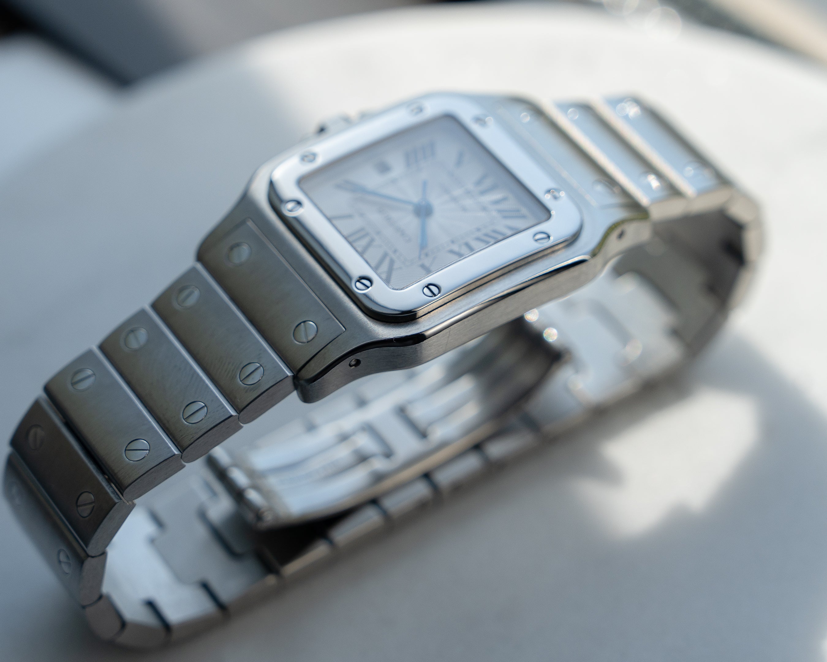 Cartier Santos Galbee guilloche dial, LM size, ref 2319 in steel, box and papers