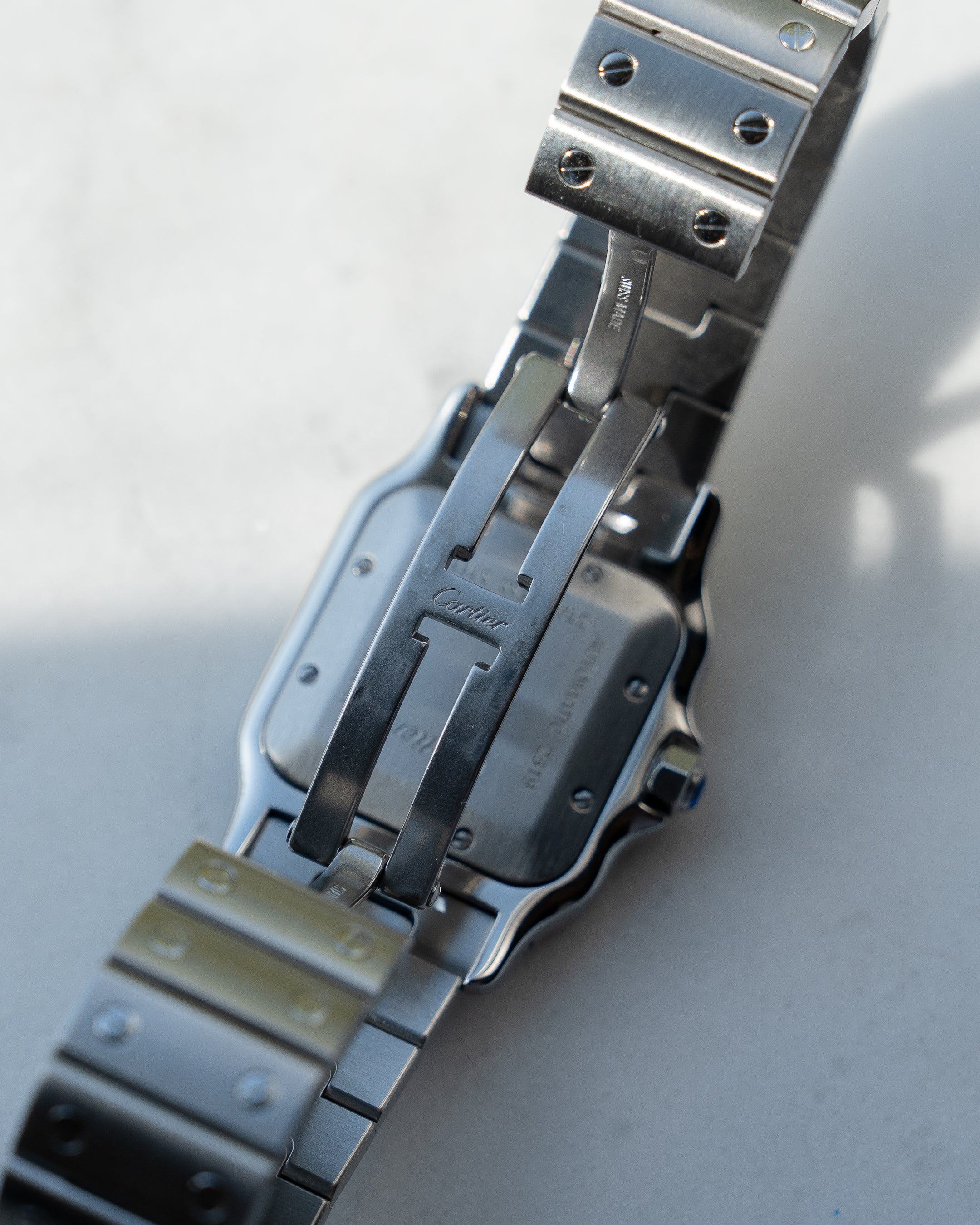 Cartier Santos Galbee guilloche dial, LM size, ref 2319 in steel, box and papers