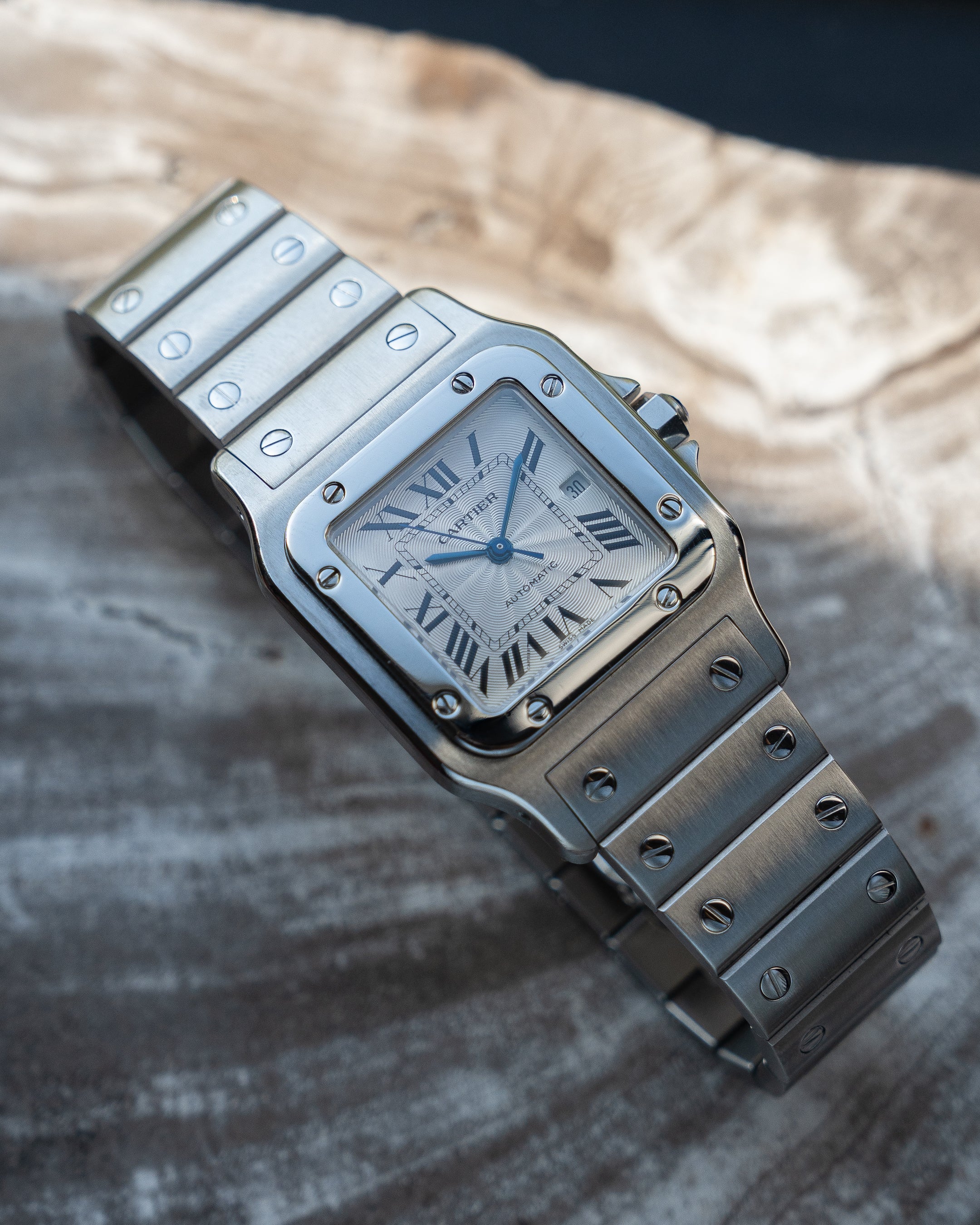 Cartier Santos Galbee guilloche dial, LM size, ref 2319 in steel, box and papers