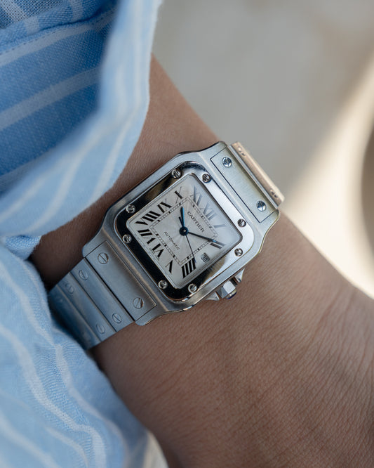 Cartier Santos Galbee guilloche dial, LM size, ref 2319 in steel, box and papers