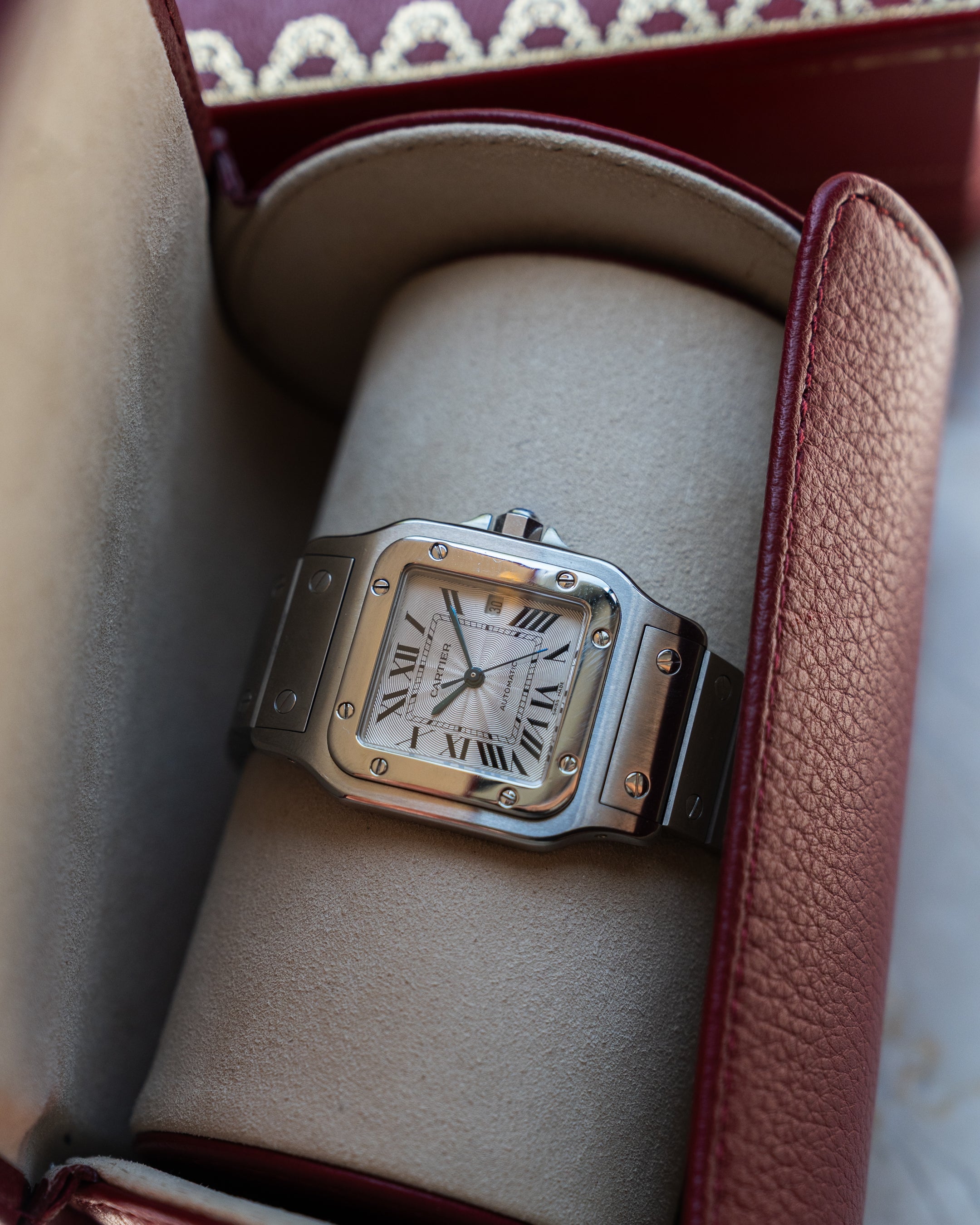 Cartier Santos Galbee guilloche dial, LM size, ref 2319 in steel, box and papers