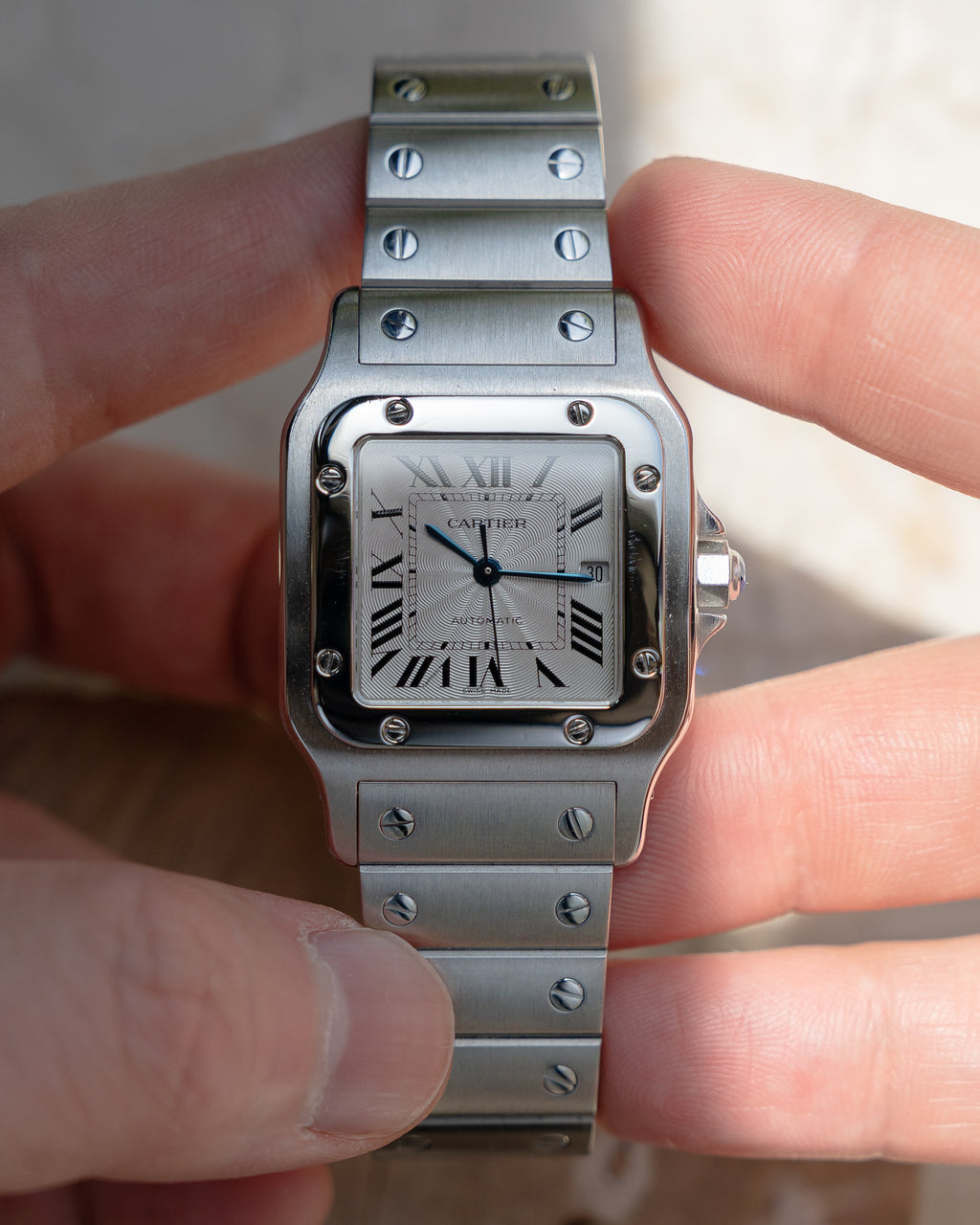Cartier Santos Galbee guilloche dial, LM size, ref 2319 in steel, box and papers