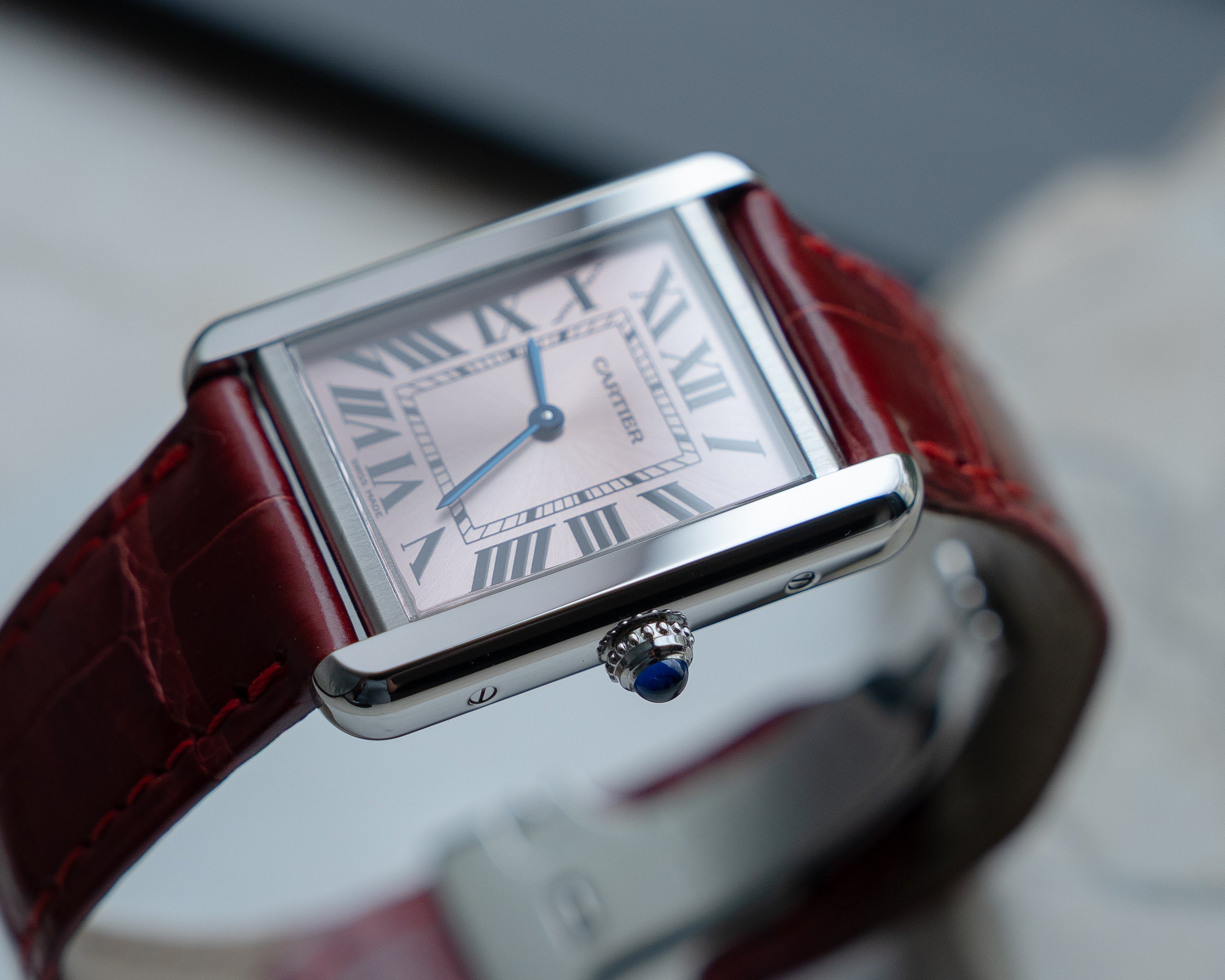 Cartier Tank Solo in steel, reference 3170, pink dial