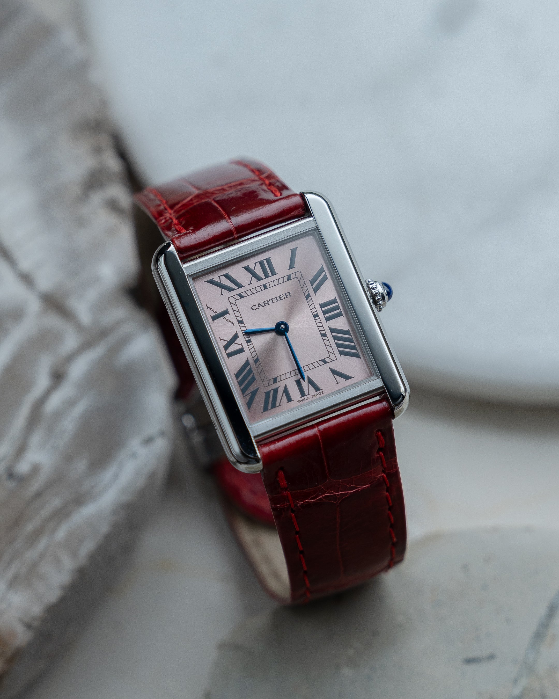 Cartier Tank Solo in steel, reference 3170, pink dial