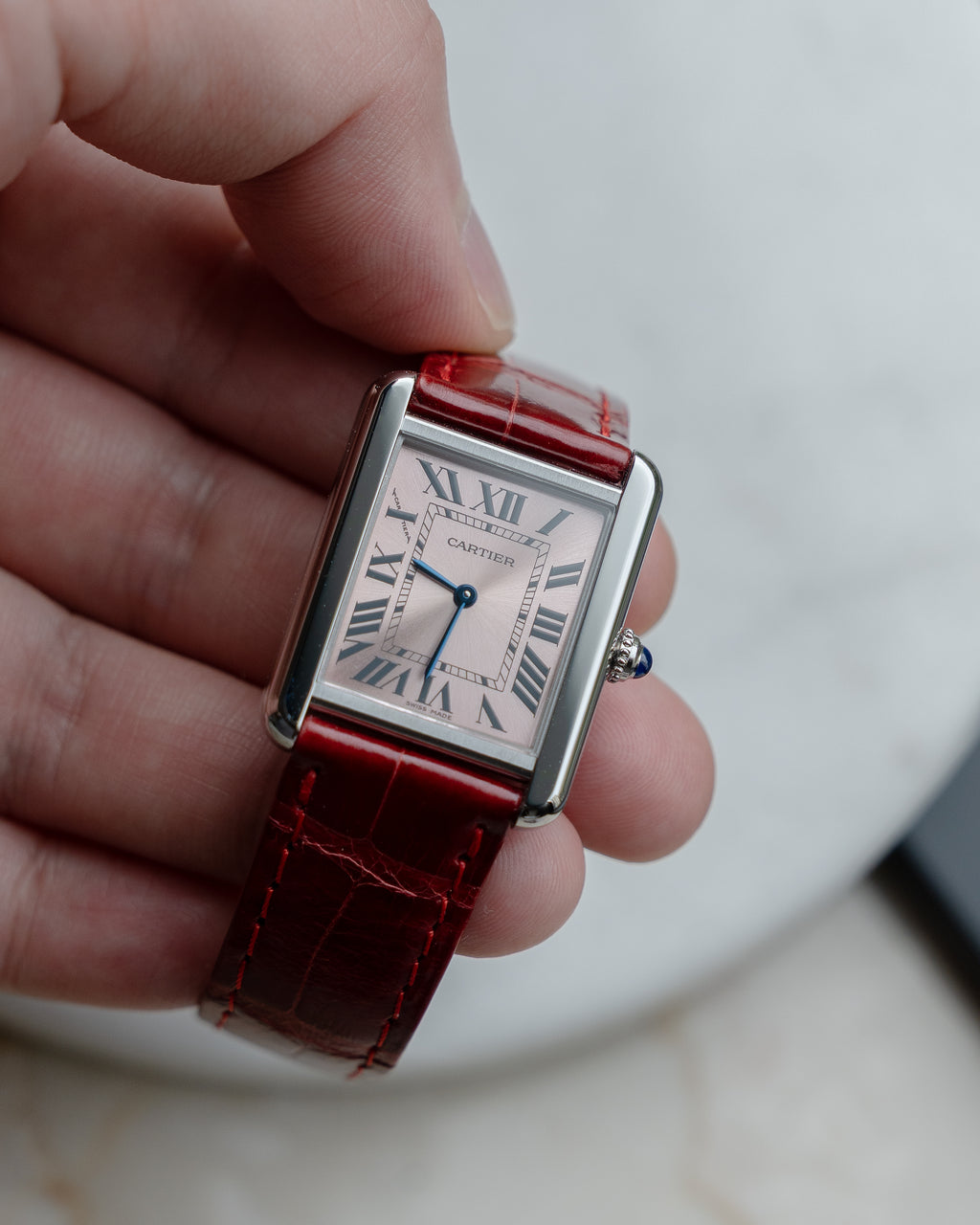 Cartier Tank Solo in steel, reference 3170, pink dial