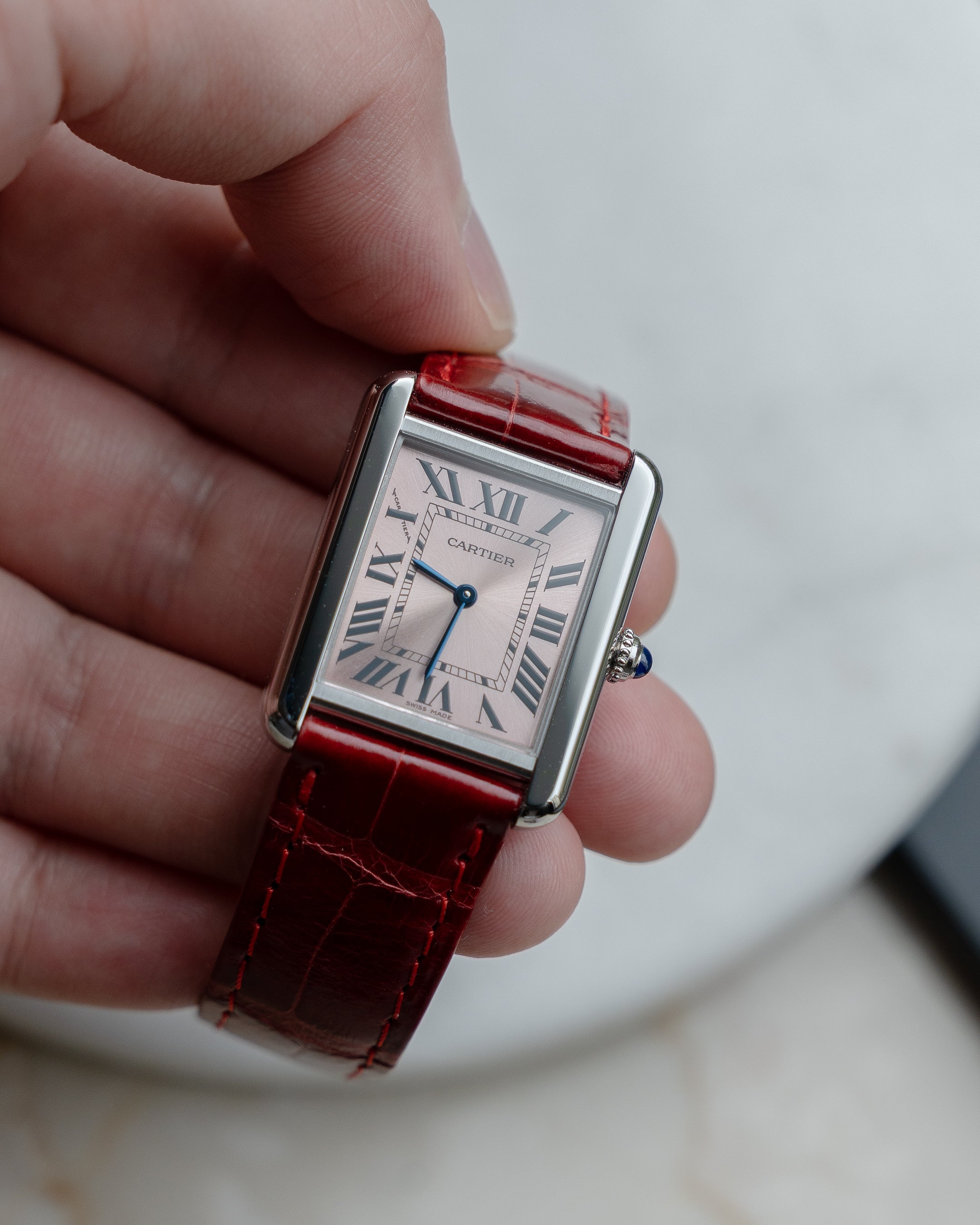 Cartier Tank Solo in steel, reference 3170, pink dial