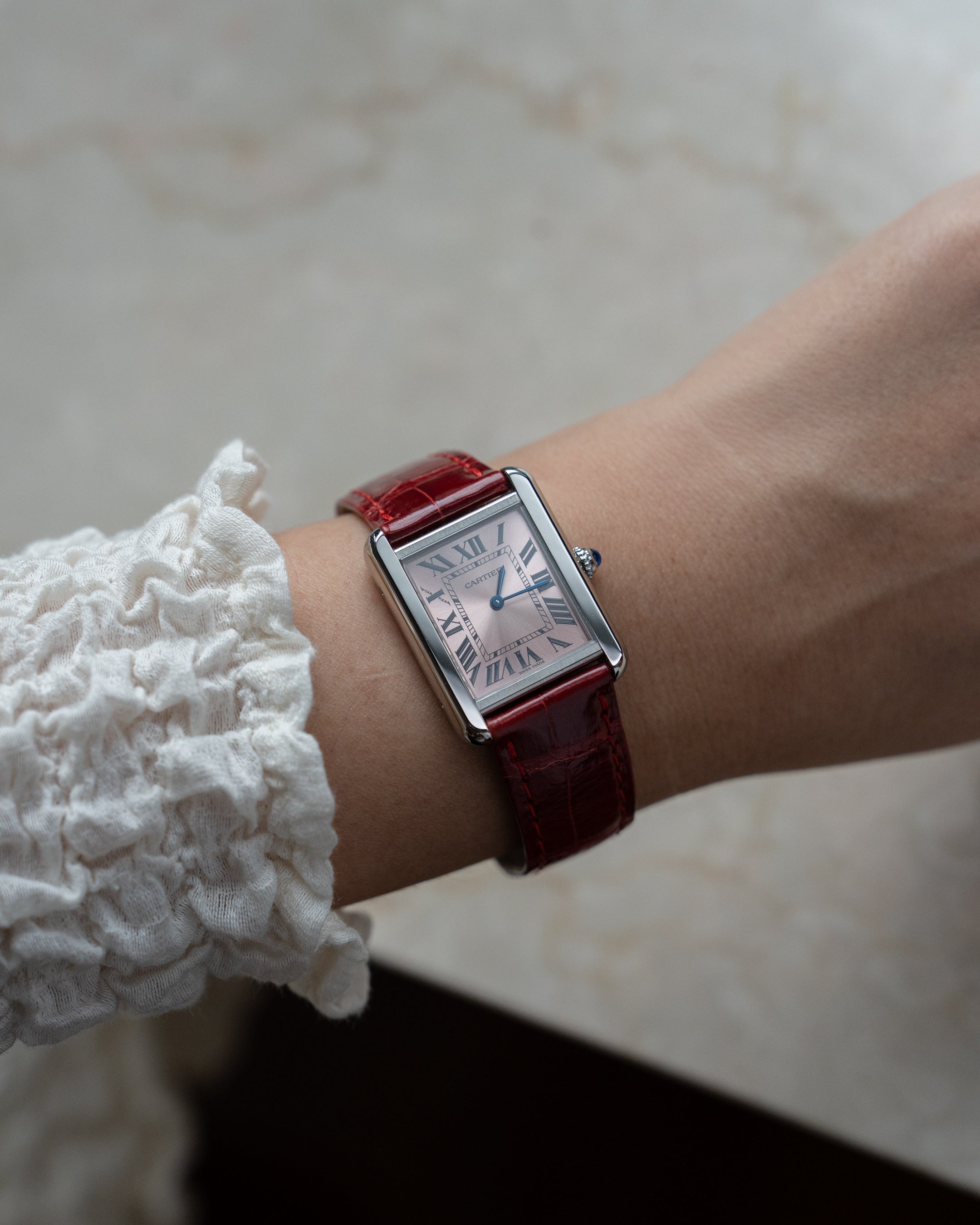 Cartier Tank Solo in steel, reference 3170, pink dial