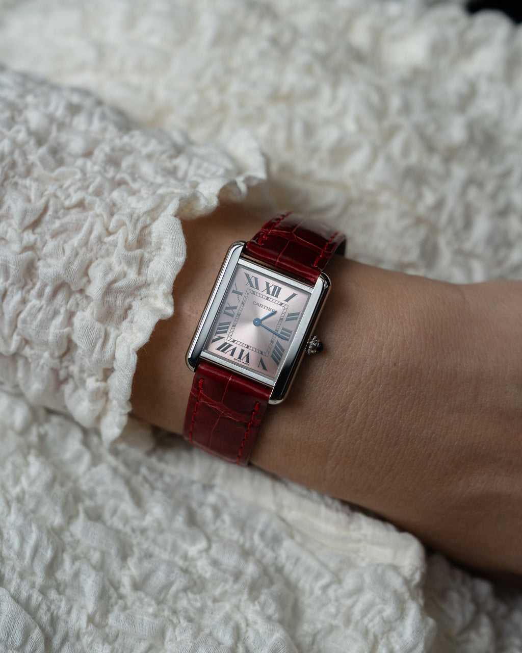 Cartier Tank Solo in steel, reference 3170, pink dial