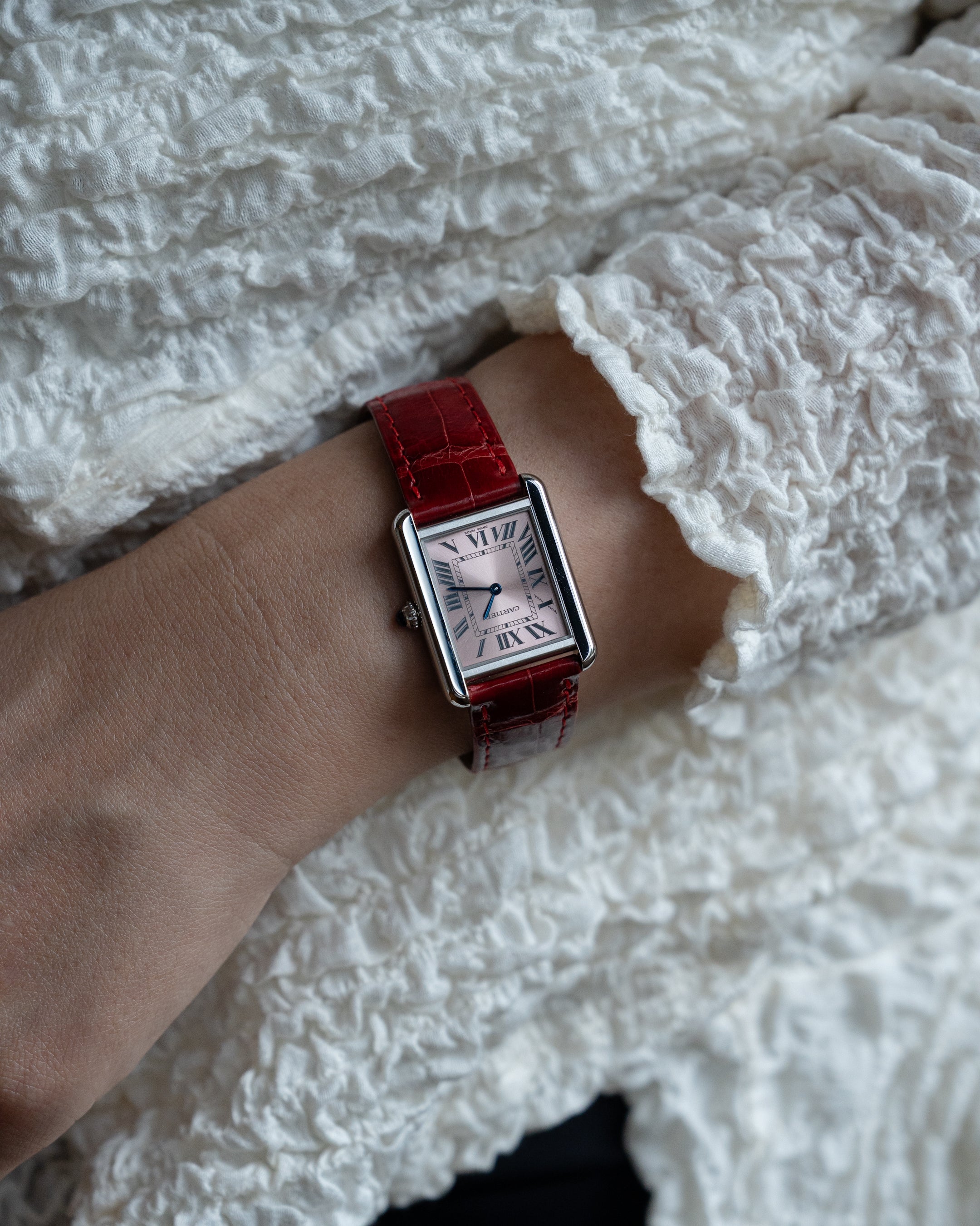 Cartier Tank Solo in steel, reference 3170, pink dial