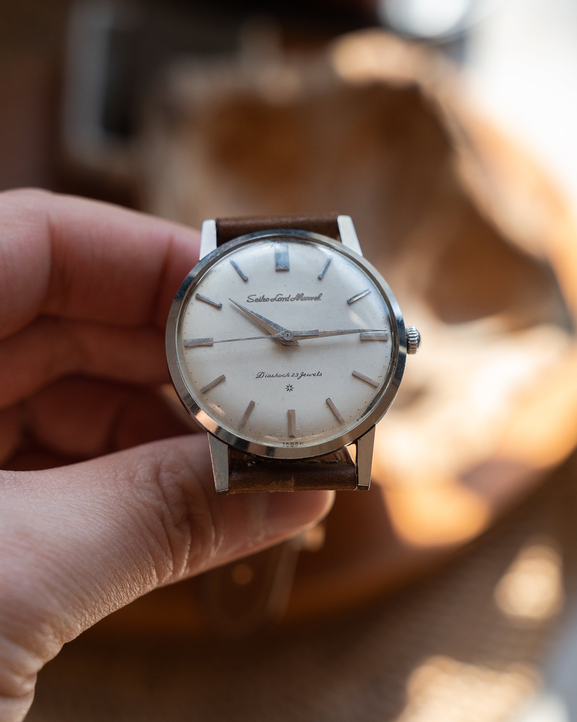 Seiko Lord Marvel 1st generation, carved mark 3 dial in steel 