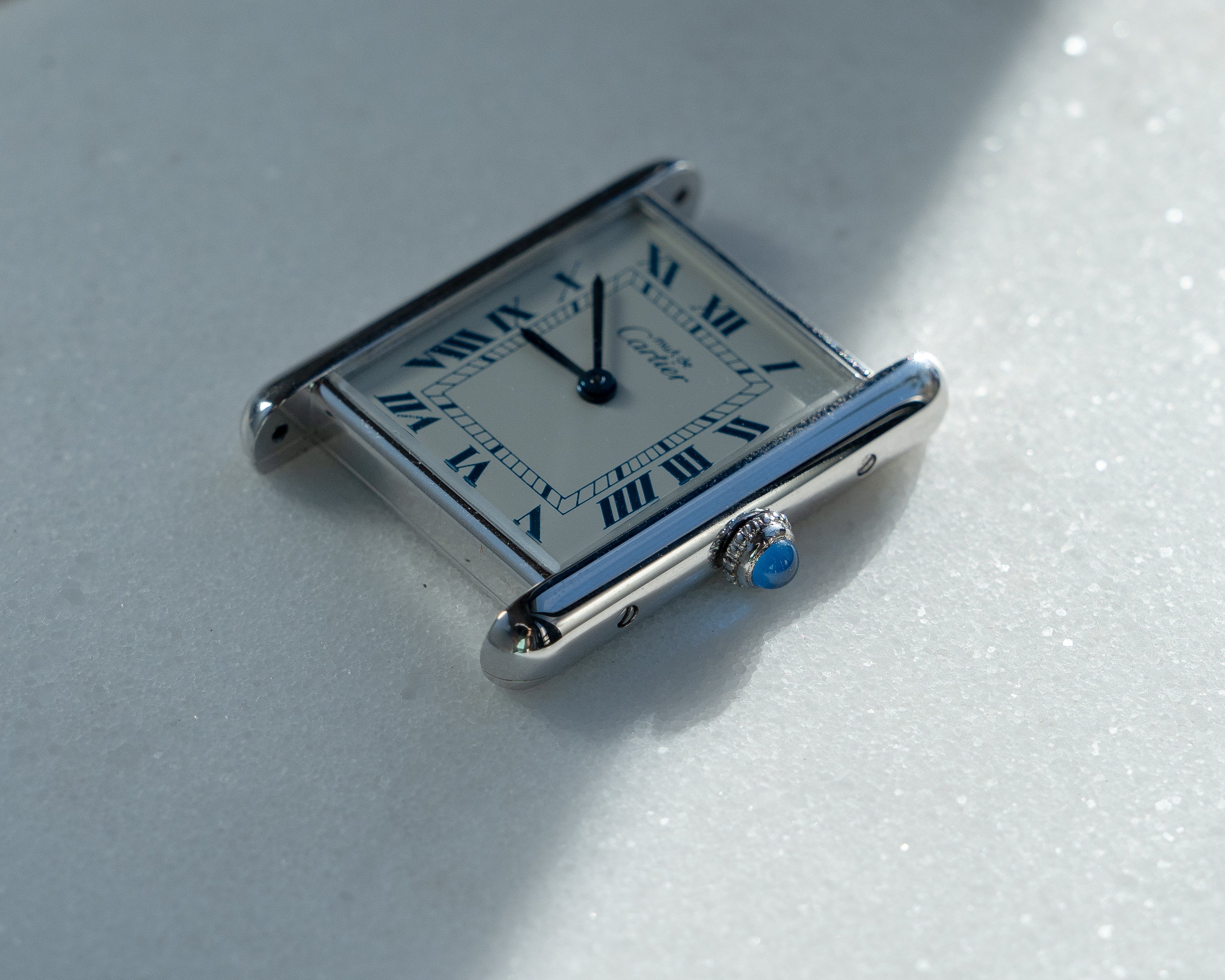Must de Cartier Tank Blue Roman numberals white dial, LM size, box & papers