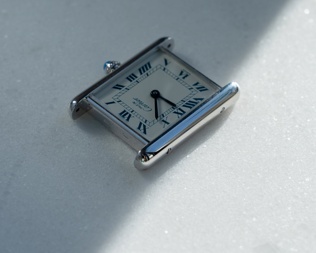 Must de Cartier Tank Blue Roman numberals white dial, LM size, box & papers